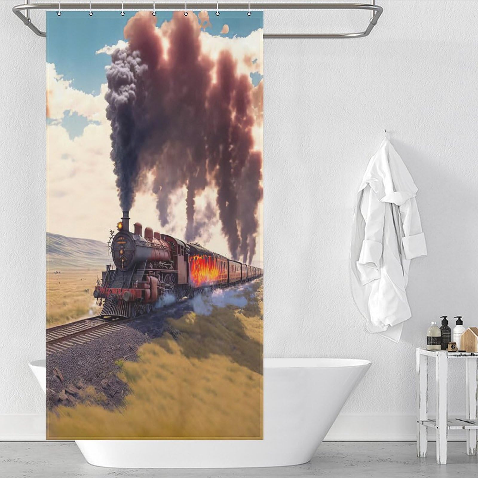 Train à vapeur rideau de douche lavable en tissu polyester imperméable avec 12 crochets