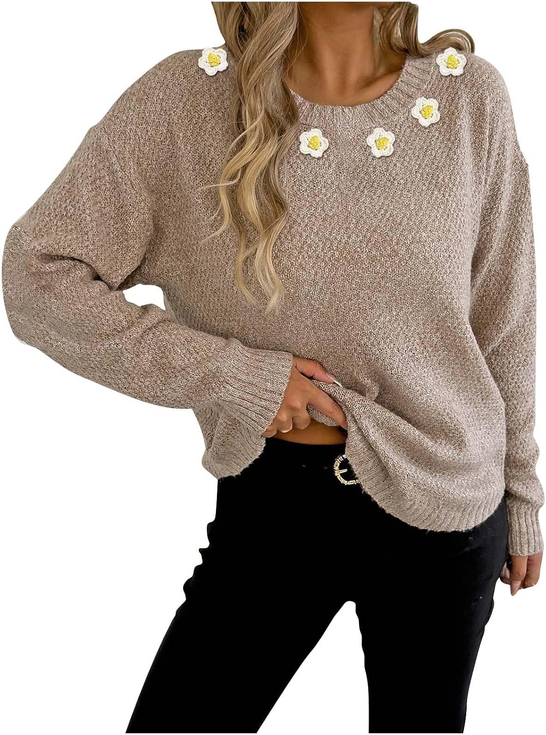 Crew Neck Knit Sweater for Women Fashion Loose Fit Floral Sweater Casual Long Sleeve Cozy Fall Sweaters Cute Tops