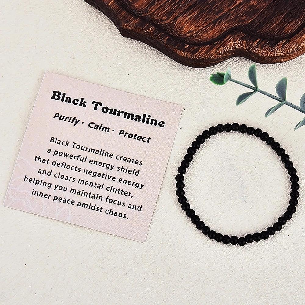 Black Tourmaline Bracelet Gift for Men Women Handmade Natural Stone Beaded Elastic Healing Bracelet with Card Energy Protection Bracelets for Friend Inspirational Birthday Christmas Gifts - Image 4