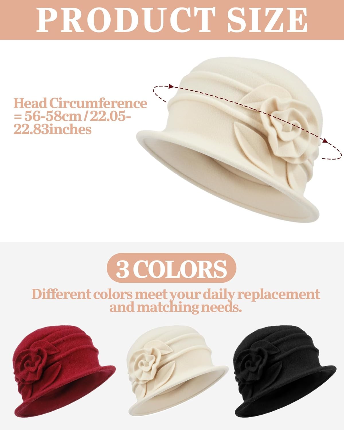 3 Pcs Church Hat for Women Cloche Bucket Winter Beret Hat French 3D Floral Wool Fleece Winter Cap Headgear, 56-58cm - Image 2