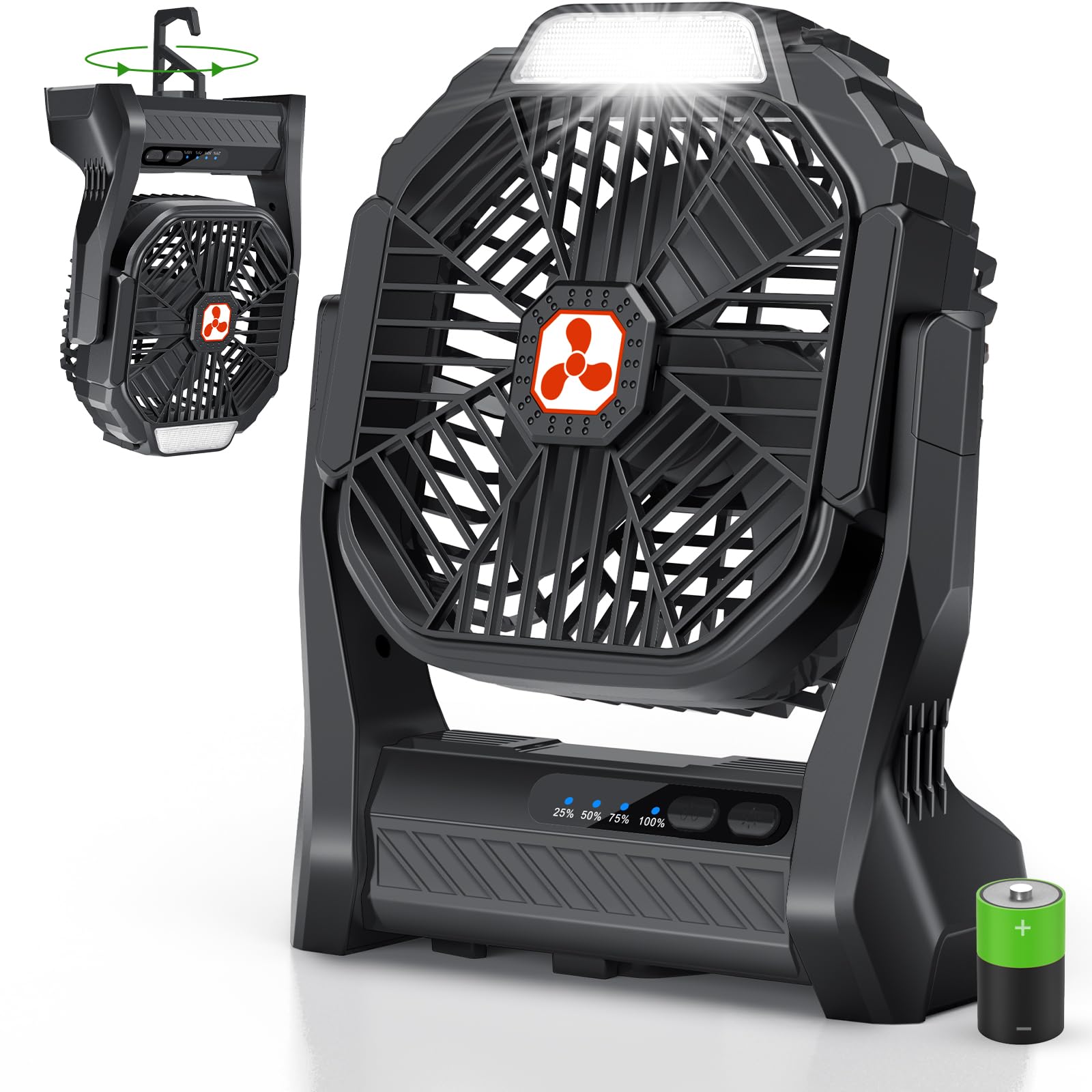 PDBEST Batteriebetriebener Ventilator 20000mAh Kabellos, Wiederaufladbarer Tragbarer Ventilator mit LED-Laterne, Tischventilator, USB-C Akku Campingventilator für Reisen, Strand Black