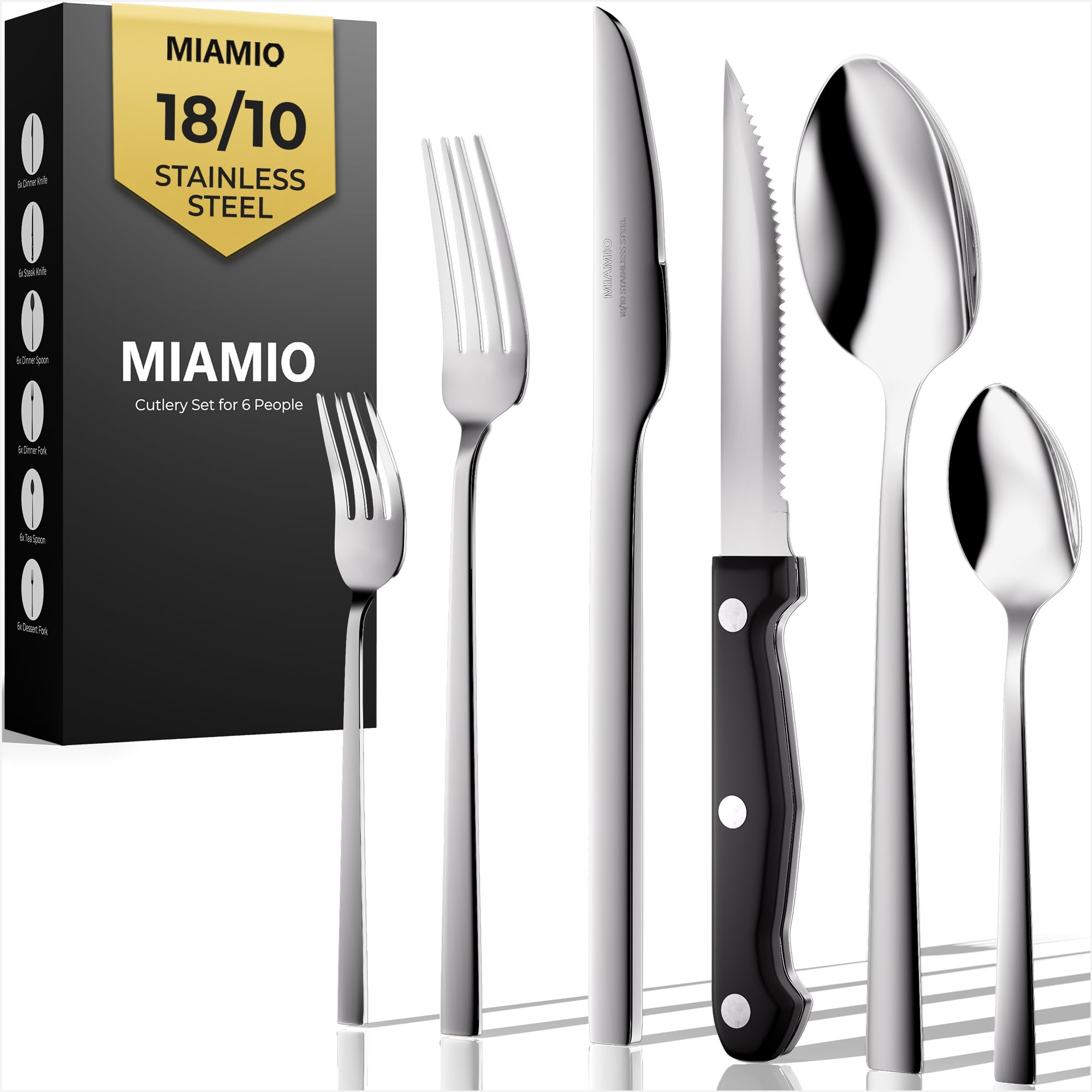 MIAMIO – Cutlery Set Stainless Steel for 6 People / 36-Piece Flatware Set – Includes Knives, Forks, Spoons – Dishwasher Safe (Silver)
