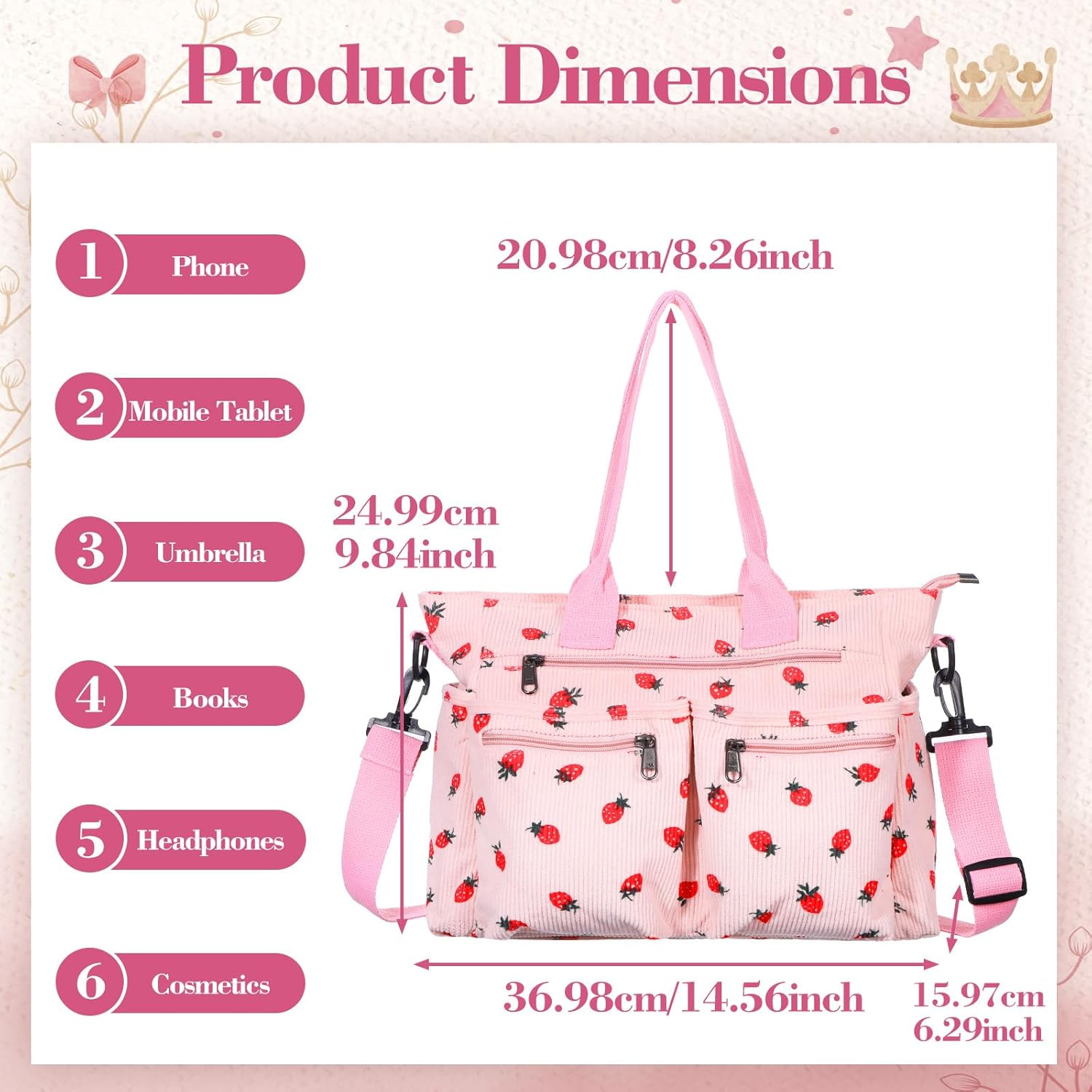 Pink Strawberry Tote Bag for Women Girls, Corduroy Everyday Tote Bag with Multi Pocket Cute Travel Shoulder Purse Handbag Crossbody Work Bags - Image 2