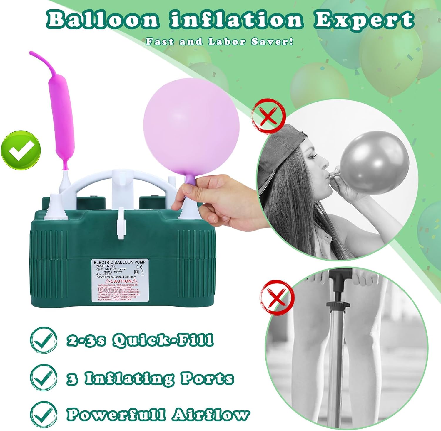 Electric Balloon Pump, 4-in-1 Portable Electric Air Pump for Inflatables, Balloons and Sports Ball, Balloon Inflator for 260q,Foil, Latex Balloons and Pool Floats, Faster and Save Time