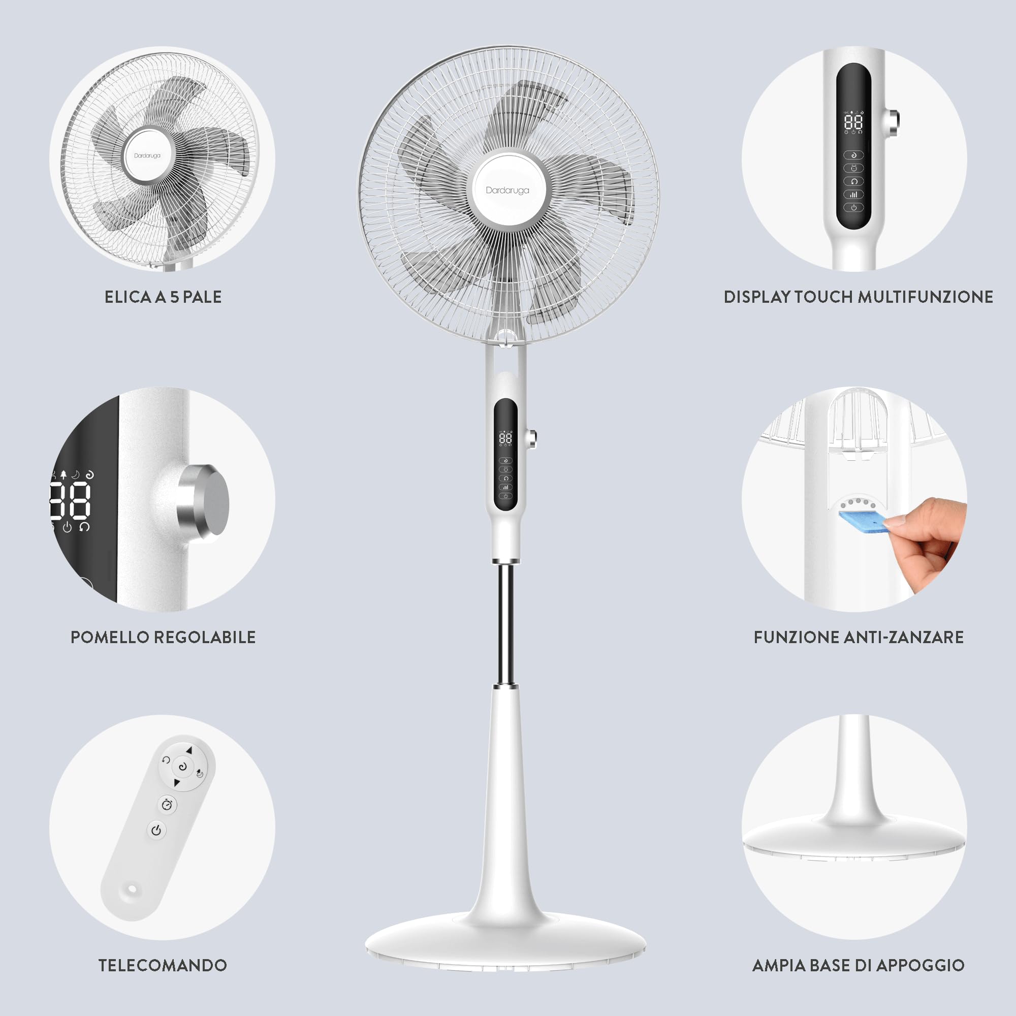 Ventilatore a Piantana Premium, Ultrasilenzioso, Touch Screen a sfioro, Night Mode, Antizanzare, Timer, Telecomando, Risparmio Energetico, Altezza Regolabile, Oscillazione, Design BIANCO