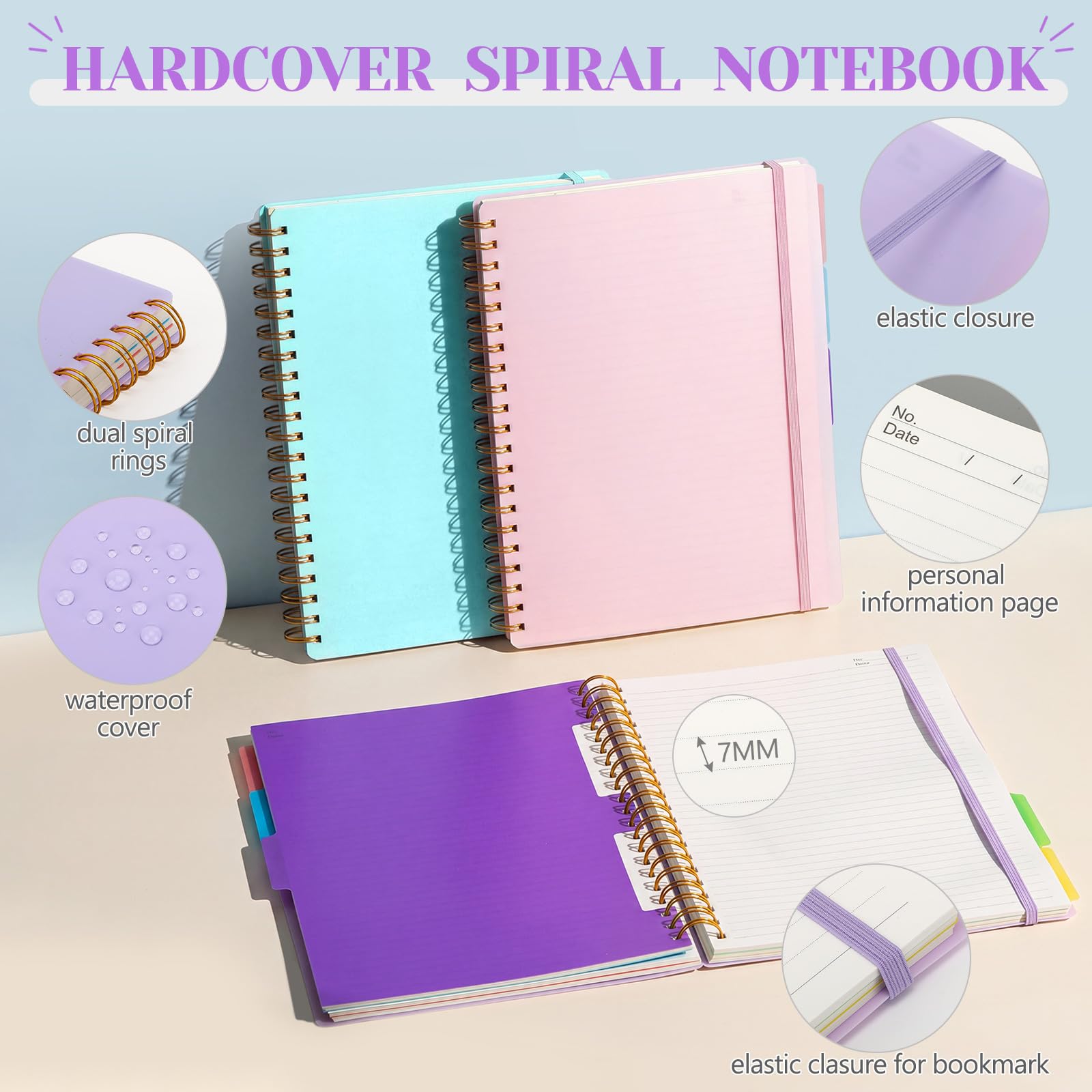 Resurhang 3 Pcs Spiral Notebook 5 Subject Notebooks Journal A4 8.5" x 11" with Removable Dividers College Ruled 300 Pages Thick Spiral Writing Journal for Women Men Work School, Purple Pink and Blue