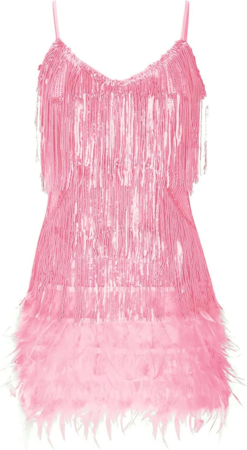 Women's Sequin Cocktail Dresses 1920s Flapper Dress Gatsby Fringe Mini Dresses Feather Prom Party Dress
