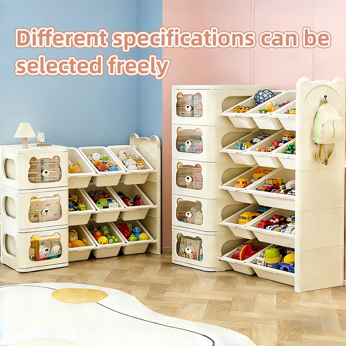 Toy Storage Organizer and Bookshelf, Large 4 Tier Book Shelf W/10 Toy Bins and 4 Drawers, Cute Bear Toy Organizers Box Bookcase for Nursery, Playroom, Bedroom, Kindergarten