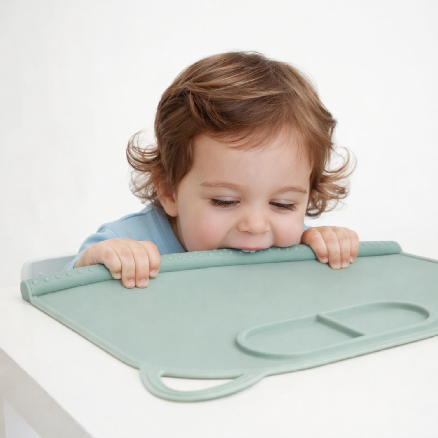 Domensi Large Silicone Suction Placemat with Teething Edge Bumper/Spill for Baby Toddlers Kids with Storage Bag, Non-Slip Dinning Table Mat, Dishwasher Safe for Table(Blue Green,2 Pack)