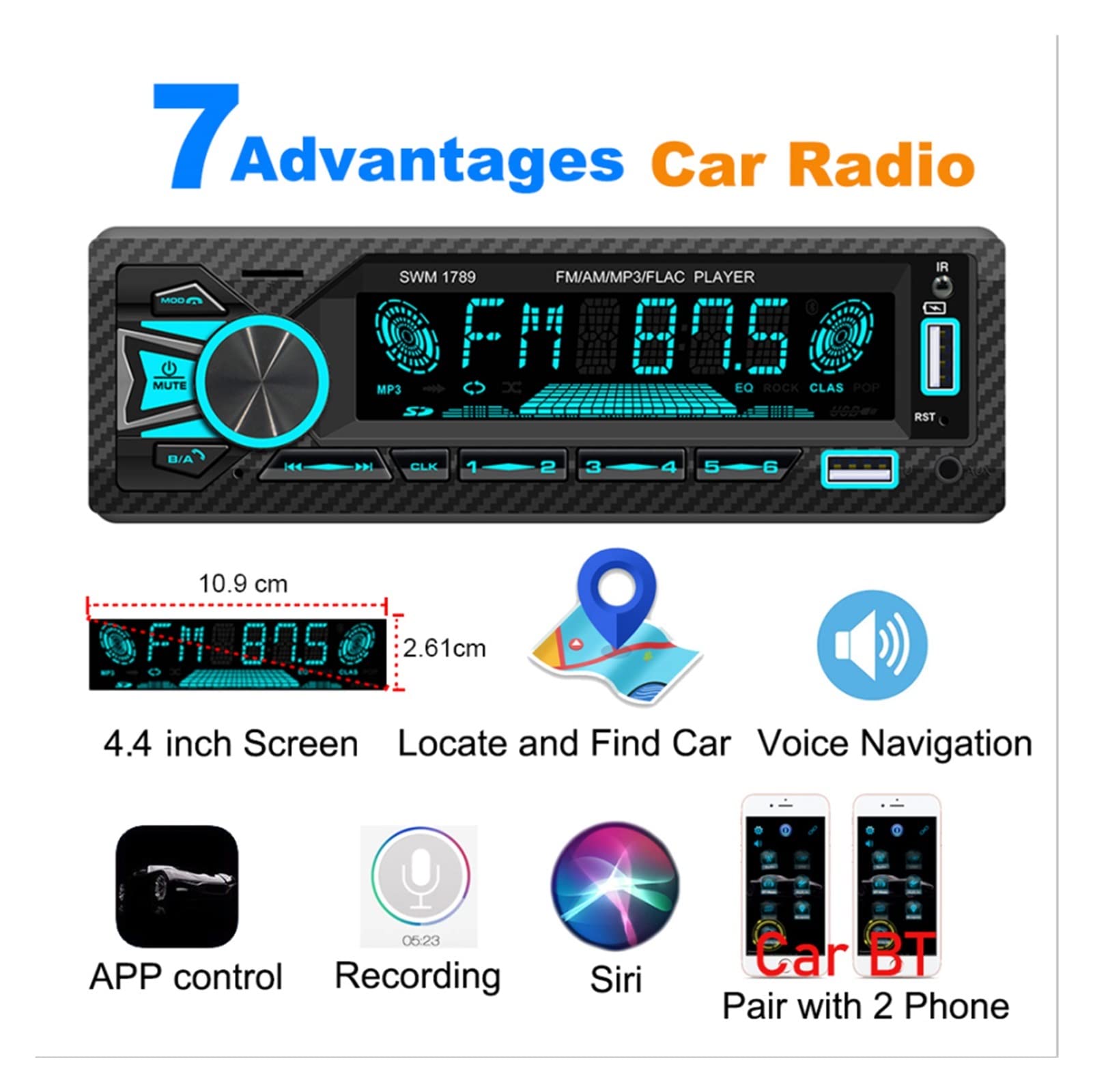 Stéréo Bluetooth 1din 1din 1Din Mp3 Joueur FM Émetteurs 60wx4 Aux Saisir ISO Contrôle Vocal de Support de Port avec localisateur de Voitures,Compatible avec La Plupart des Appareils