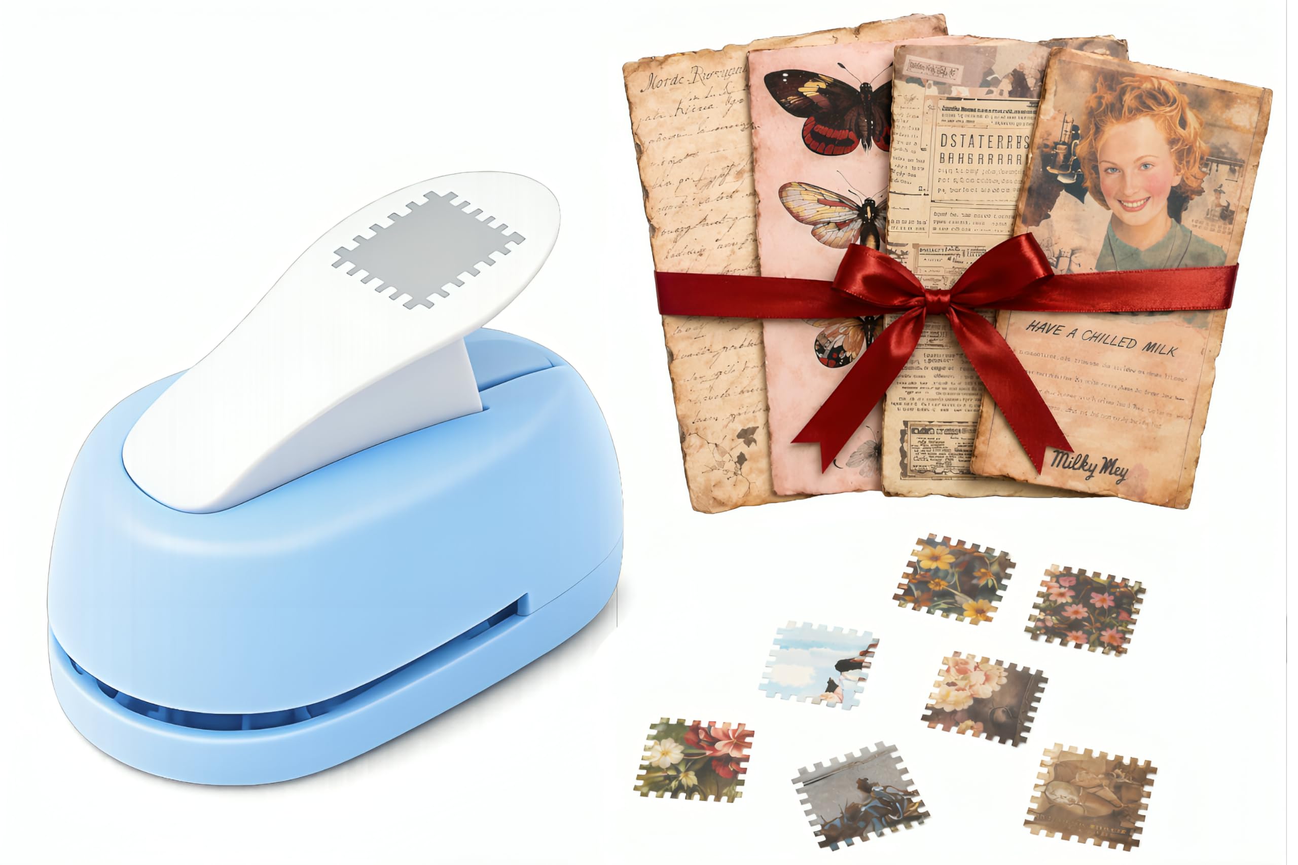 Postage Stamp Punch for Paper Crafts | Decorative Stamp Edge Paper Punch | Scrapbooking, Card Making, DIY Crafts Tool | Lever Action Hole Punch for Kids & Adults (BLUE)-image-37