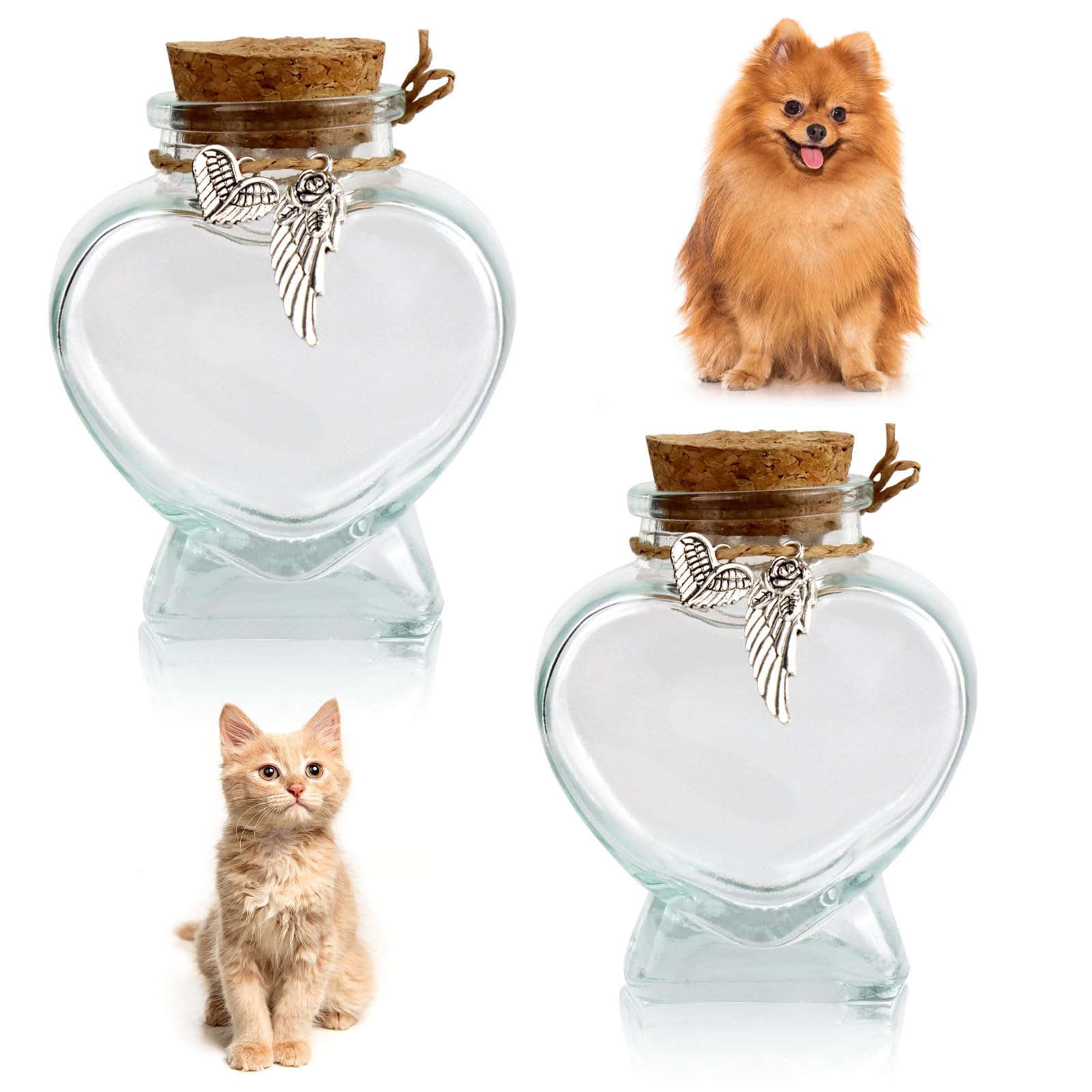 COSOWO 2 Pcs Memorial Bottle for Pet Hair, Dogs & Cats Fur Memorial Glass Keepsake with 2 Silver Accessories, Pet Memorial Urn, Heart Shape