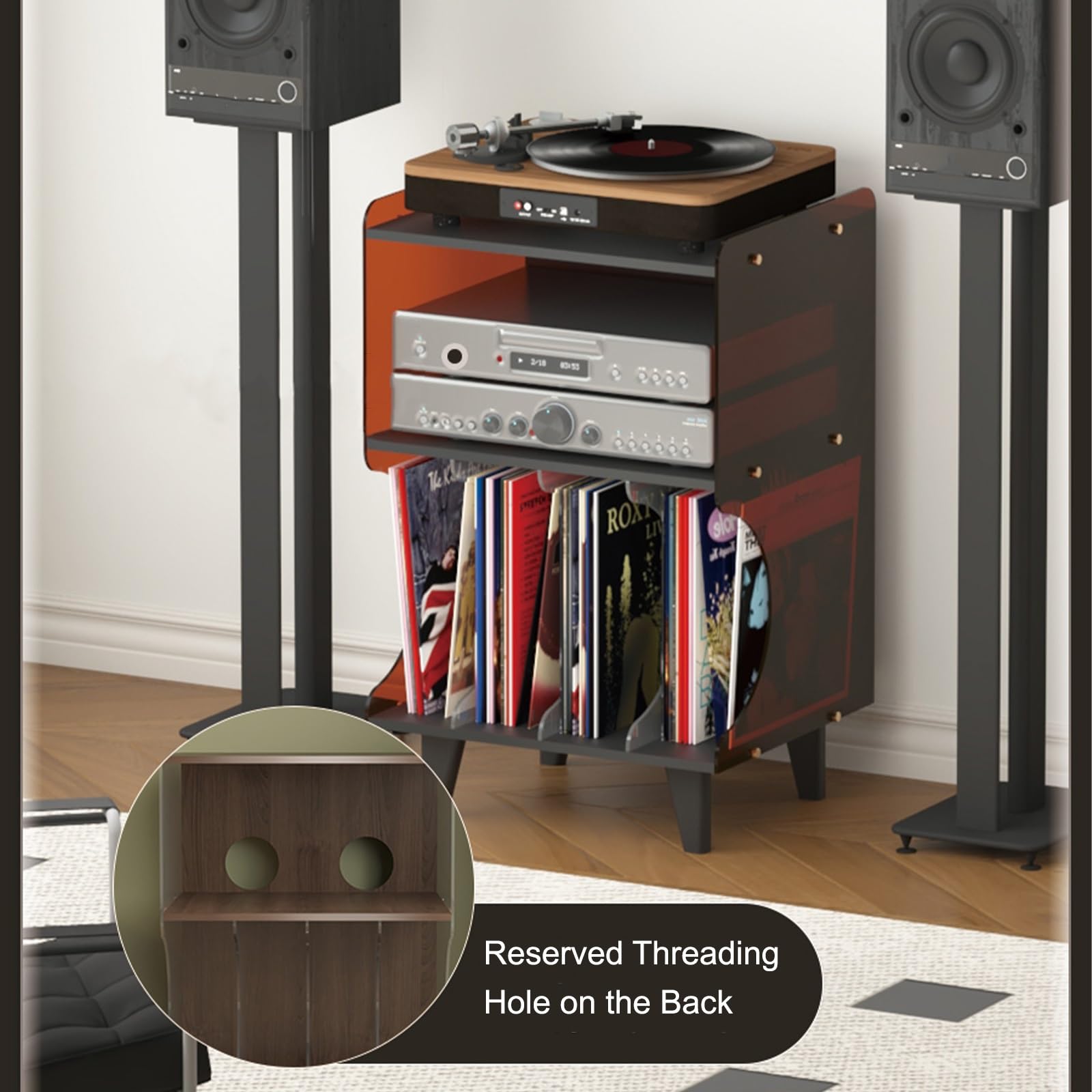 Supporto multimediale a 3 livelli per componenti audio/video, elegante supporto girevole con archiviazione per dischi in vinile, armadietto moderno per intrattenimento con area espositiva (marrone)