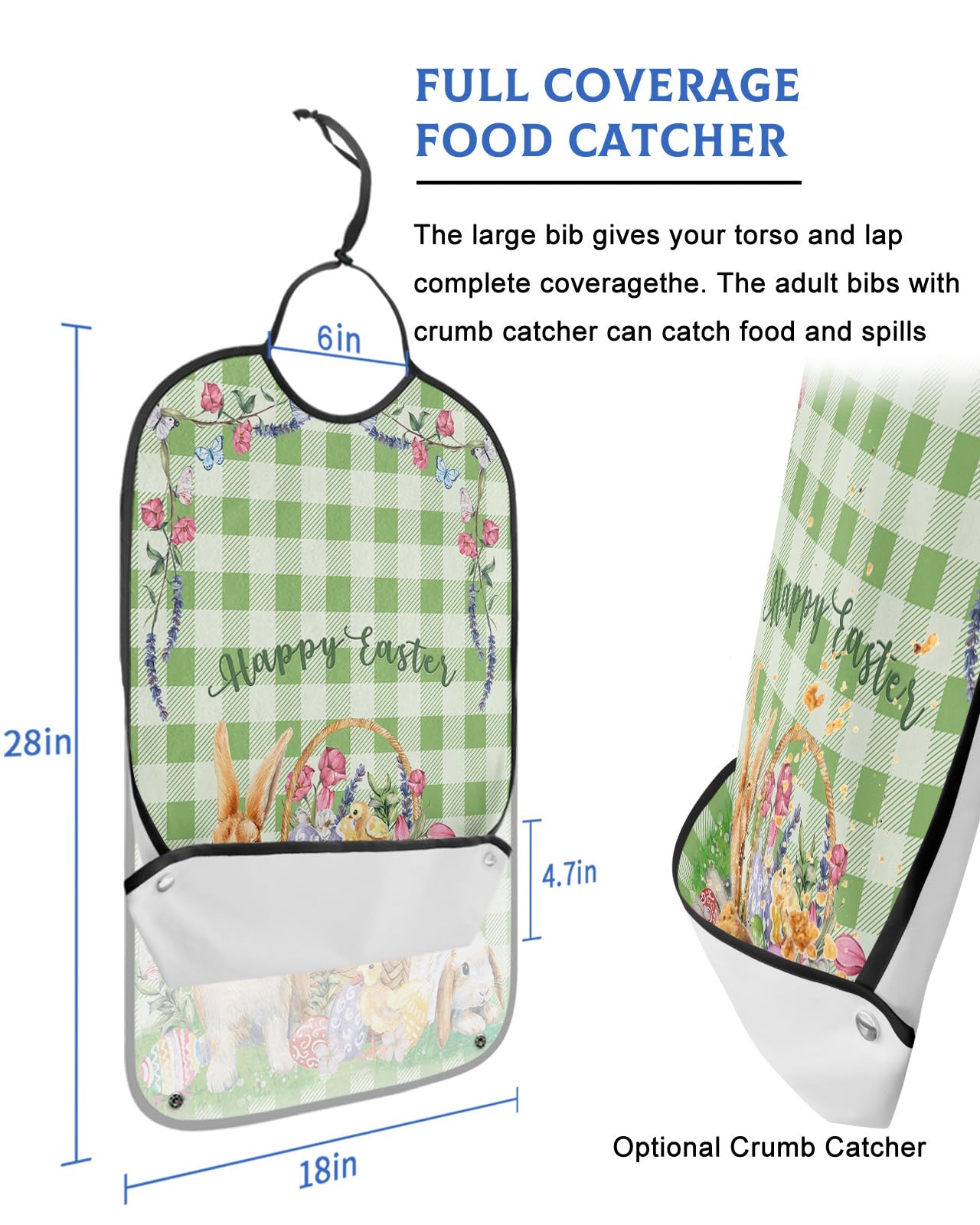 Spring Easter Adult Bibs for Eating, Waterproof Bibs with Food Catcher & Adjustable Snap Closure, Green Plaid Bunny Colorful Eggs Flower Easter Basket Clothing Protectors Adult Bibs for Elderly
