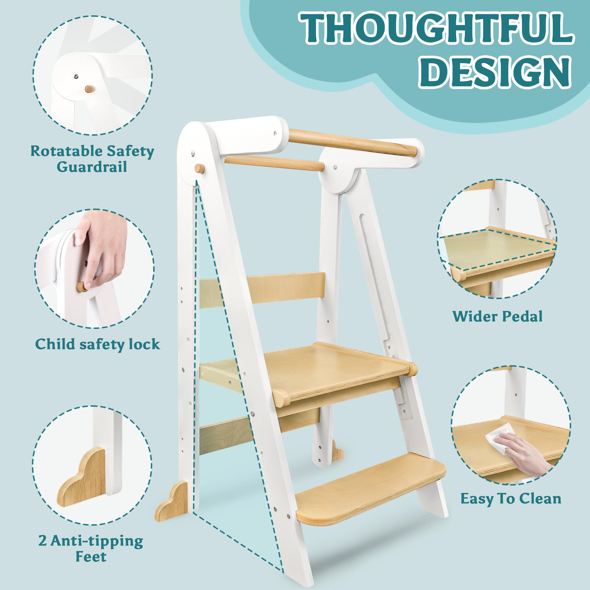 Lernturm Klappbar ab 1 Jahr, 3-stufig Höhenverstellbar Holz Kinder lernturm | Montessori Tritthocker Kinder, Mit Sicherheitsbarriere, Kippschutz, Learning Tower für Küche, Badezimmer, Waschbecken (Weiß)