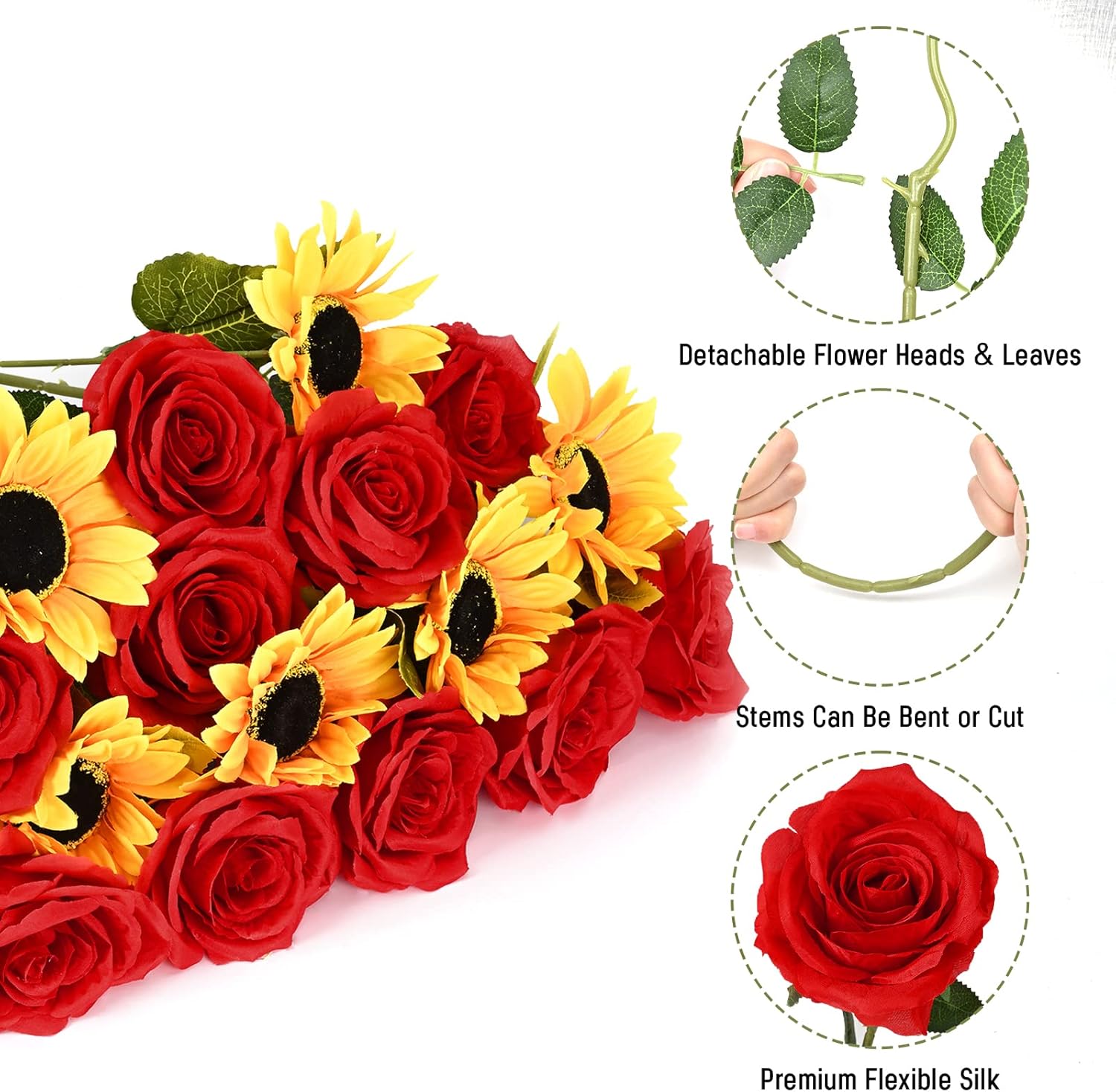Waipfaru 16 Pcs Fake Roses Sunflowers Artificial Flowers Bulk, Silk Red Roses Yellow Flowers Artificial with Long Stems for Outdoors Wedding Bouquet Vase Flower Arrangement Decoration