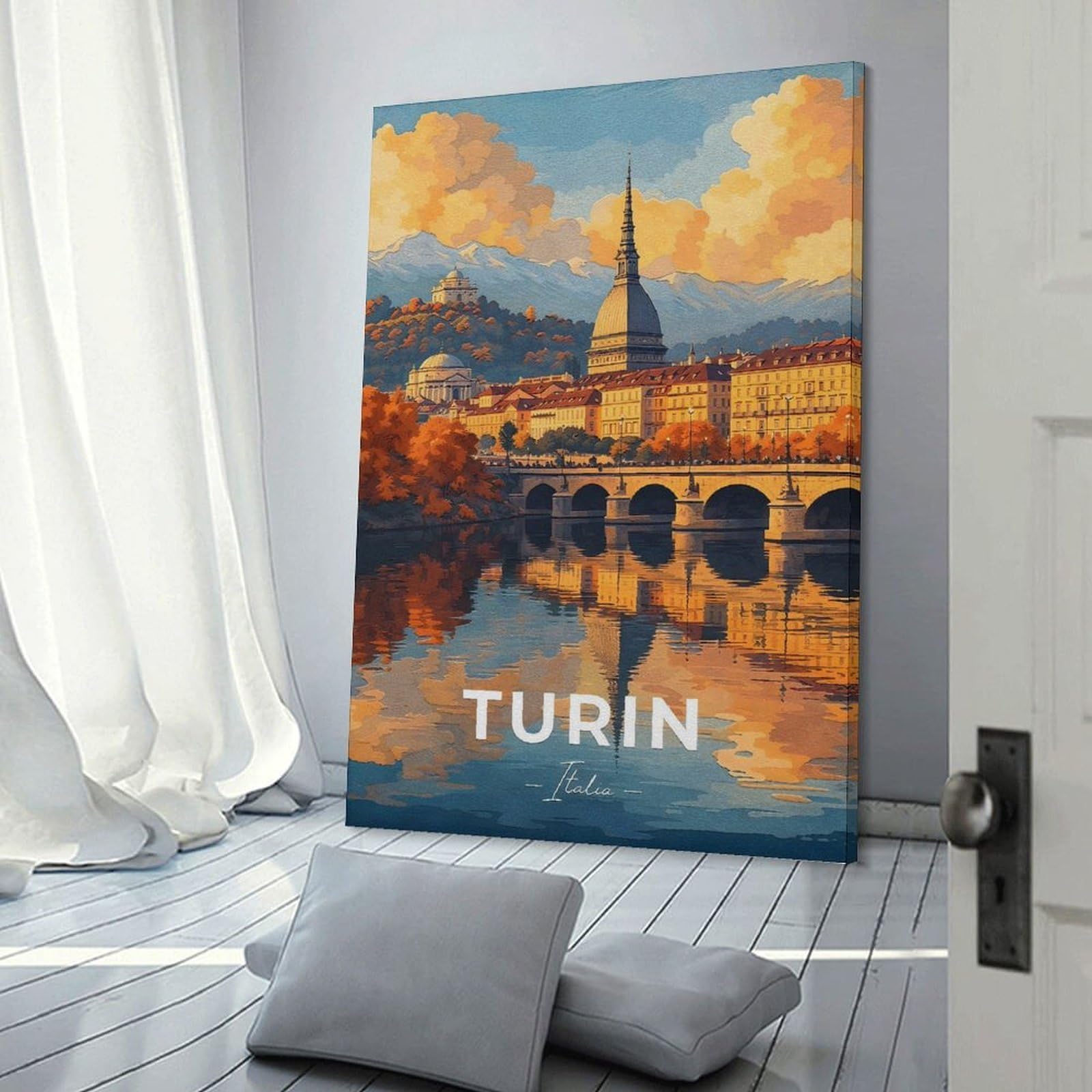 Junmoney Frame-Style-19-1 Turin, Italy Cityscape With River Reflection Canvas Wall Picture, 16X24inch(40X60cm), For Wall Displays, Bedrooms Or Room Updates, Wall Decor Suited To Curated Displays