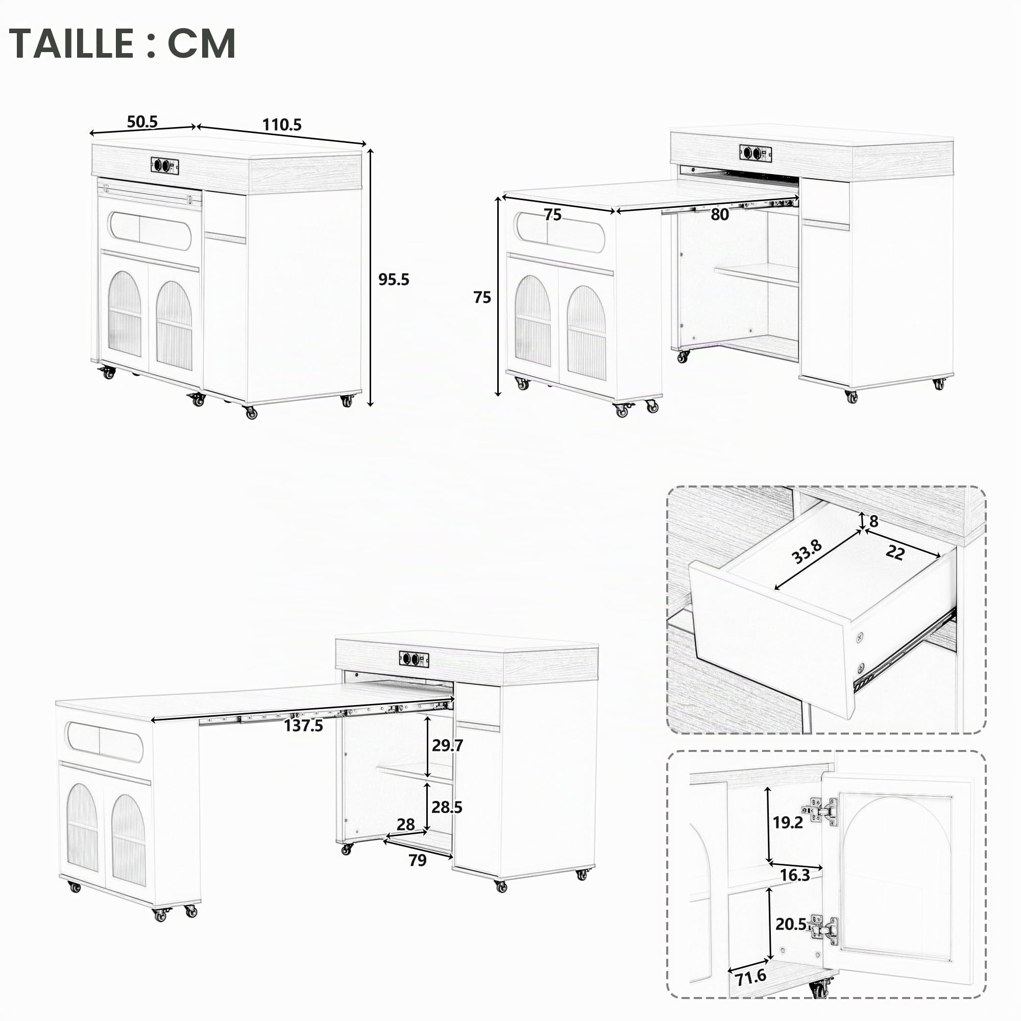 îLot De Cuisine Sur Roulettes,îLot De Cuisine RéTractable,Table Multiprises 1 Tiroir Et 3 Portes D'Armoire Sert D'îLot De Buffet Ou De Table De Bar Pour La Cuisine Et La Salle à Manger,Blanc + Noyer