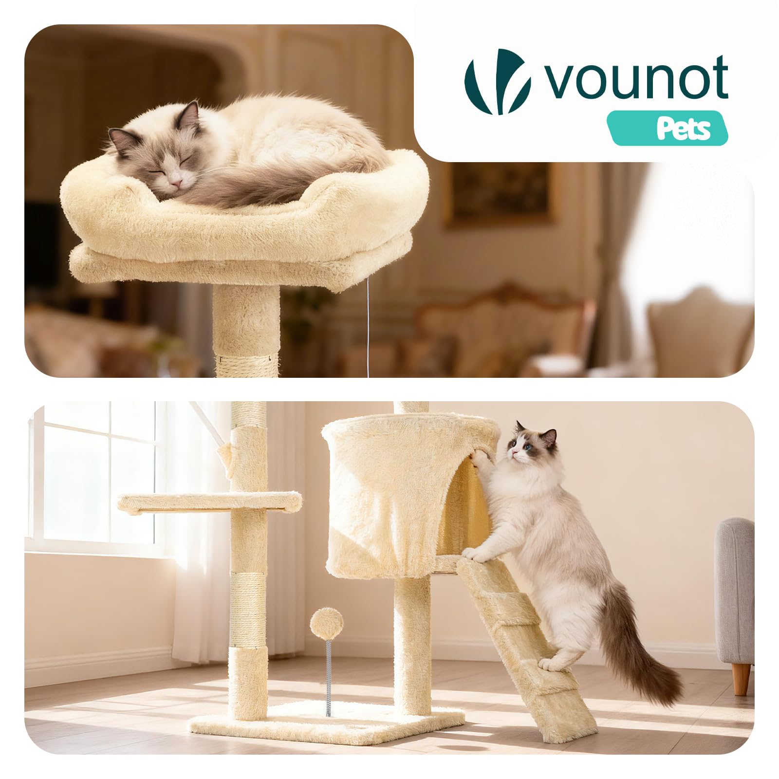 VOUNOT® Árbol Rascador para Gatos Altura 112 cm, Torre de Gatos Multiniveles, Rascador de Escalada Estable para Felinos Mascotas con Juguetes Postes de Sisal Plataformas Cueva Pelota, Beige