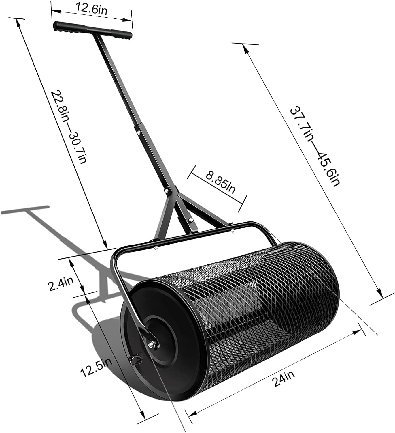 24 inchPeat Moss Spreader, Compost Spreader, Seeds Spreader with Adjustable Handle, for Lawn Care and Garden, Metal Mesh Basket Topdressing Roller, Spreading Dirt, Mulch and Soil