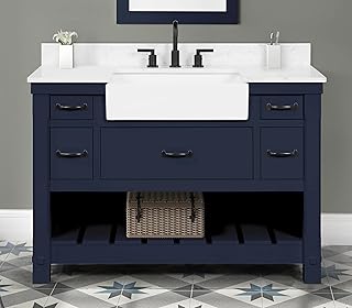 Farmington 48“ Single Bathroom Vanity, 49" W x 22" D x 34.5" H, Navy Blue, Solid Wood, Carrara White Marble Top with Sink & Backsplash, Pre-Assembled, 5 Soft-Closing Drawers, Open Shelf