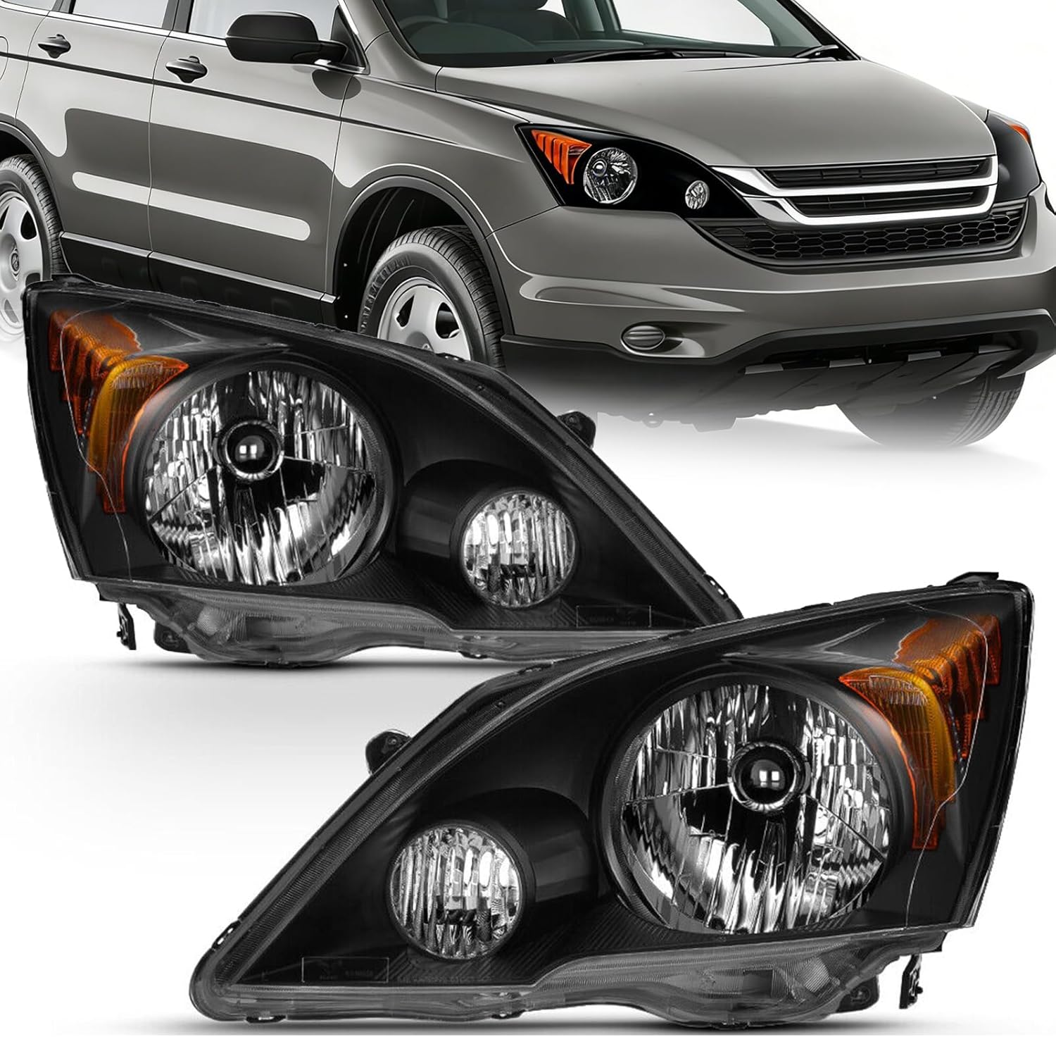 APSVE 2Pcs Headlight Assembly Compatible with 2007-2011 Honda CRV CR-V Headlights Headlamp Driver Passenger Side, Black Housing Amber Corner