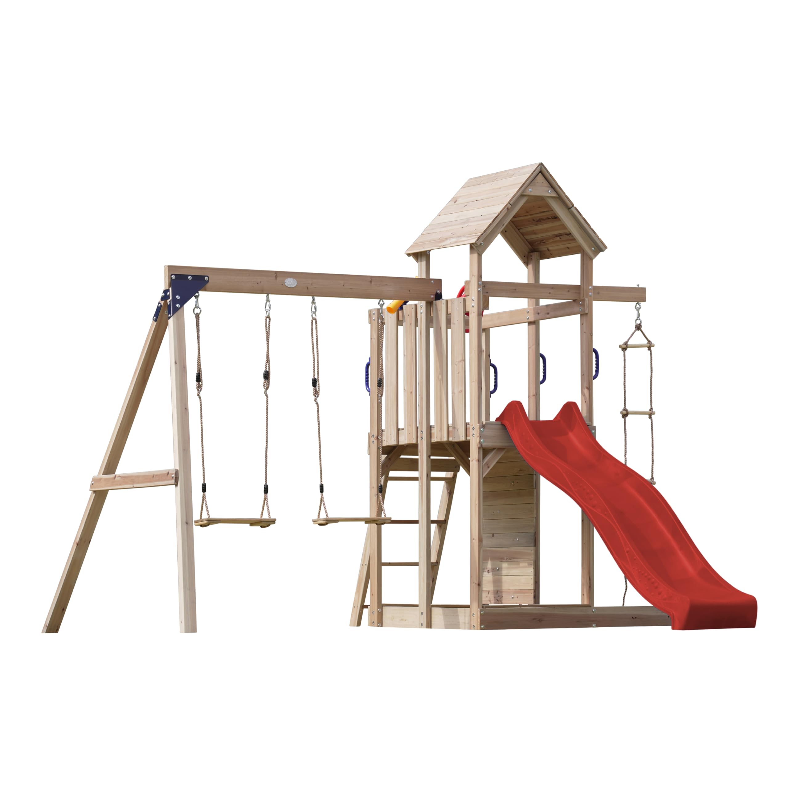 AXI Moos Spielturm aus Holz mit 2 Schaukeln & Strickleiter | XXL Spielhaus/Spielplatz für Kinder mit Kletterwand, Sandkasten & Rutsche in Rot | Schaukelgerüst für den Garten