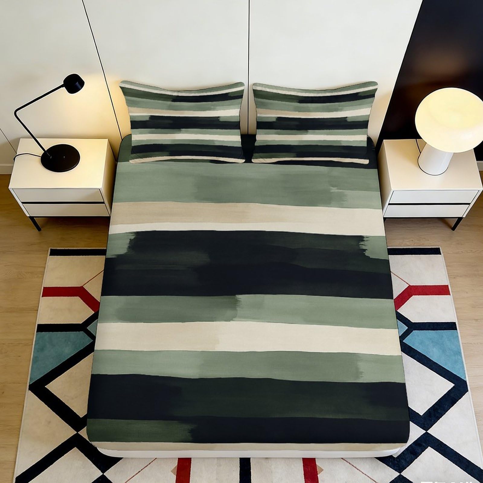 3D Printed Olive Green Striped Fitted Sheet Microfiber Soft Breathable Abstract Watercolor Bed Cover for Bedroom Guest Room Mattress Protection 160x200x25cm