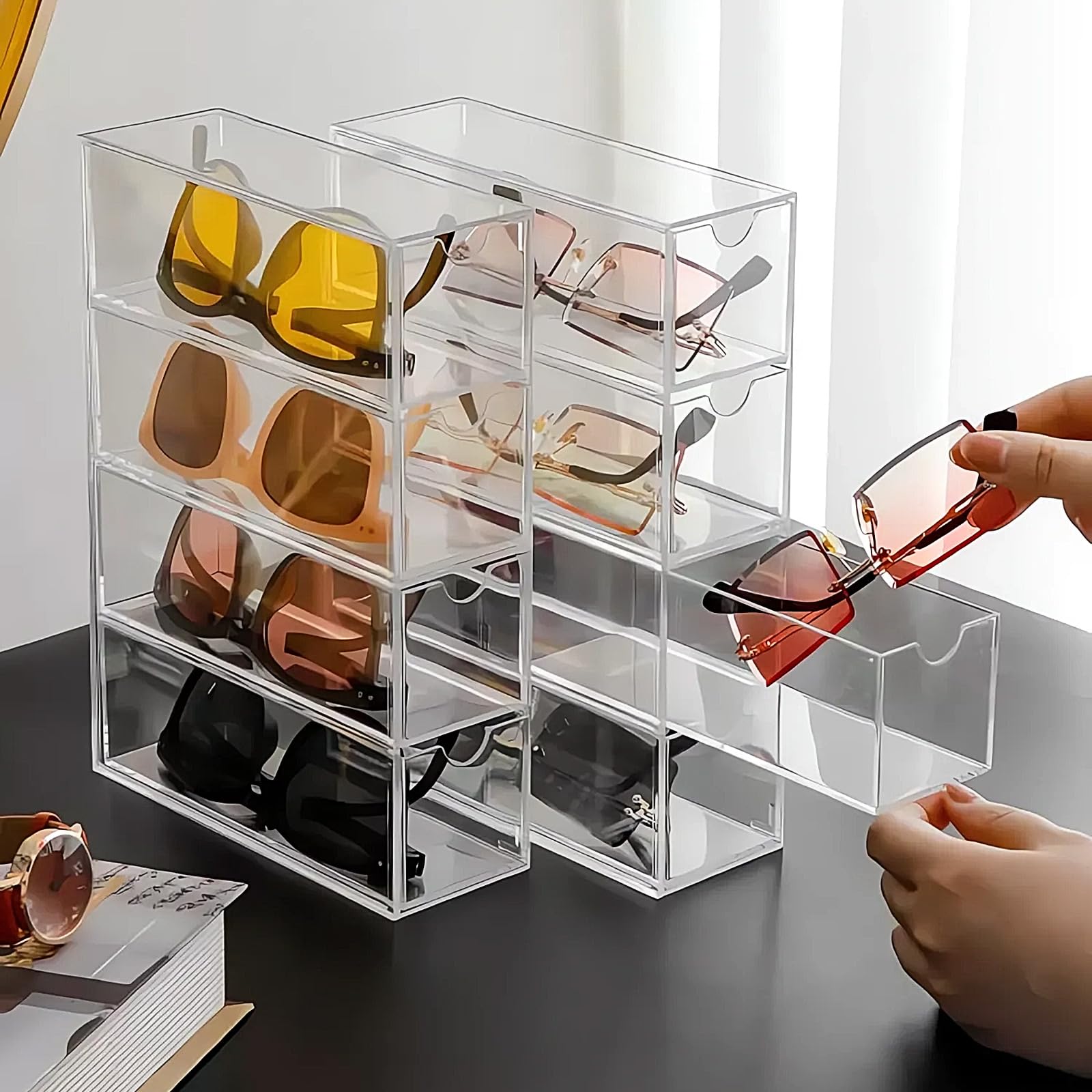 Organizzatore di Occhiali da Sole Eyeglasses Organiser Display Case Portaocchiali in Acrilico Trasparente Case 2 Pezzo con 8 Cassetti per Orologi, Collane, Occhiali e Cosmetici