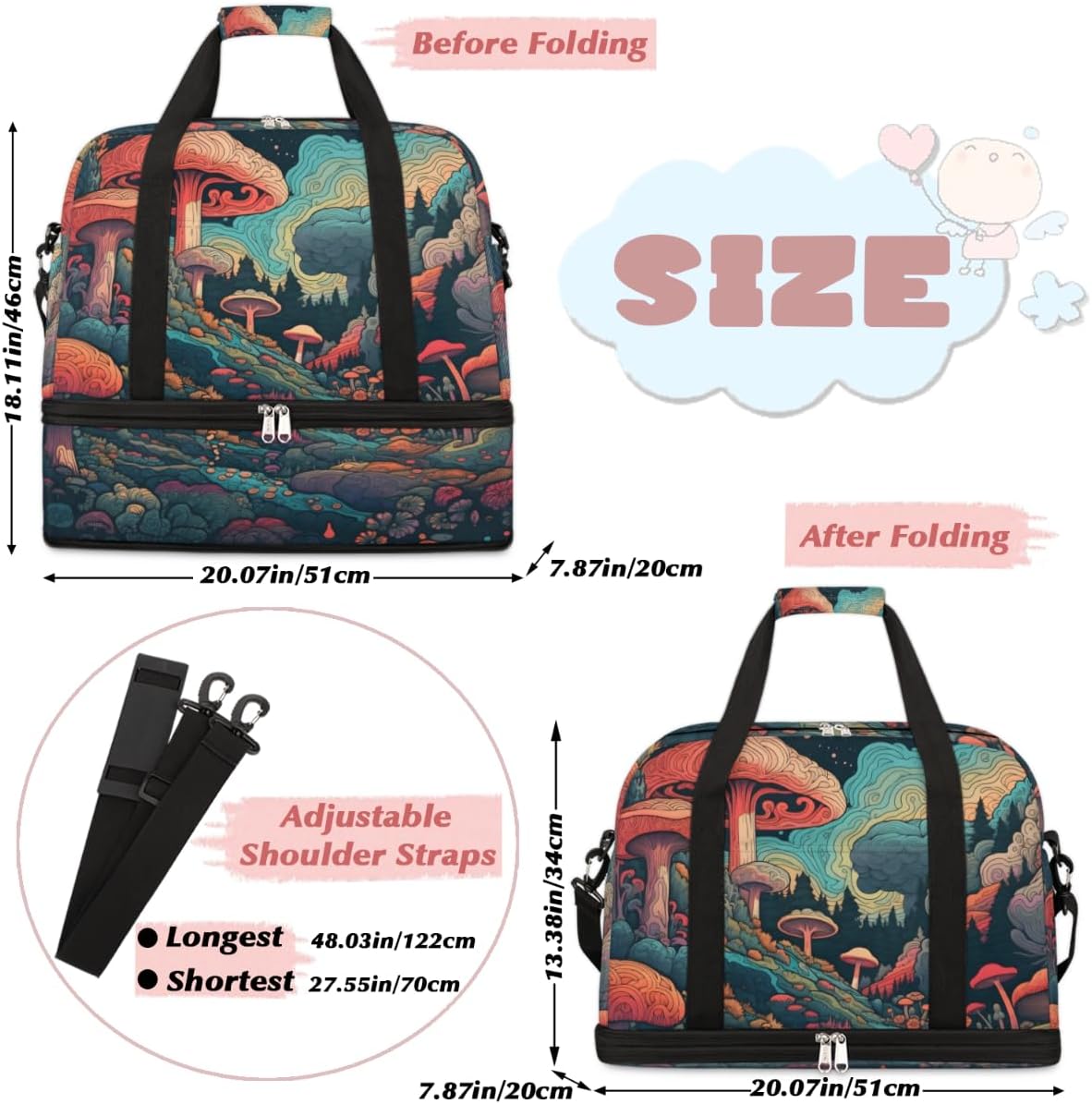 QsirBC Mushroom Plants Texture Gym Bag for Women Duffle Tote with Shoes Compartment Men Weekender Duffel for Dance Travel Sports Swimming Overnight