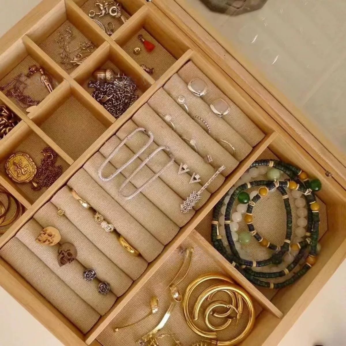 木製アクセサリーケース ガラス蓋付き