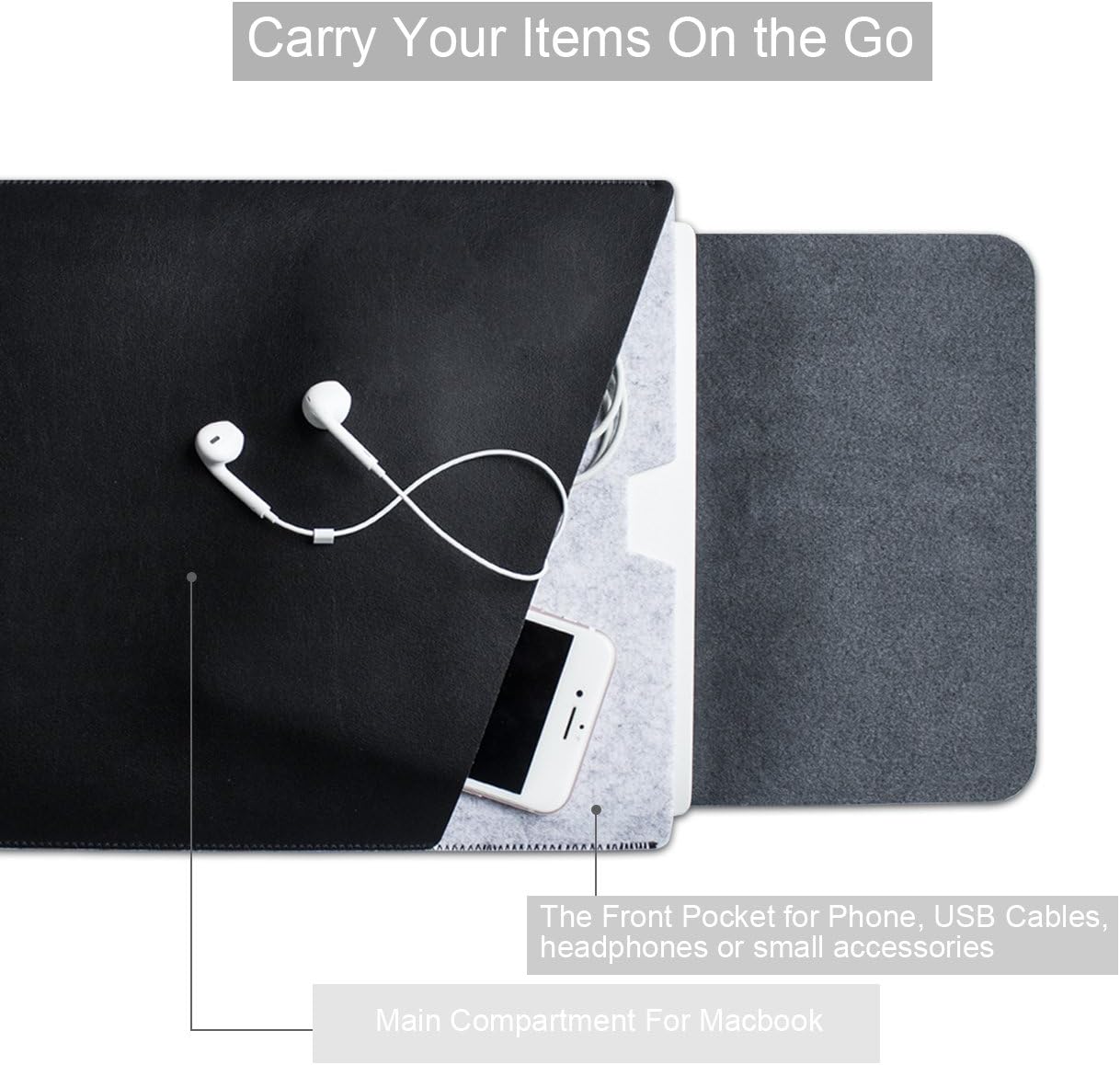 WALNEW Sleeve Case Bag for 13-inch MacBook Air with Apple M1 Chip/2018-2020, MacBook Pro M1 Chip/2016-2020, Soft PU Leather MacBook Cover with Built-in Mouse Pad and Dual Pockets, Black