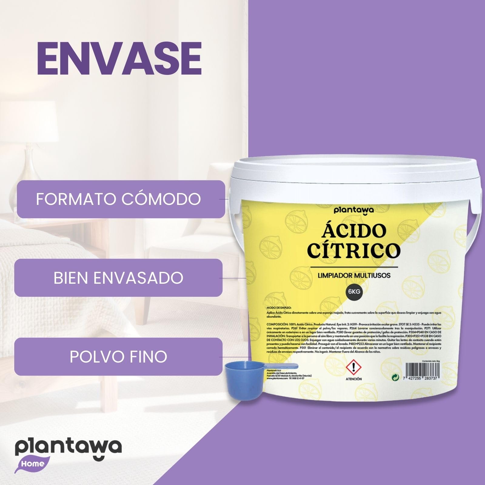 PLANTAWA Ácido Cítrico en Polvo 6kg | Acido Citrico para Limpieza de Cal y Residuos | Alta Solubilidad | Ideal para Cocina, Lavadoras y Grifos | Gran Formato Multiusos