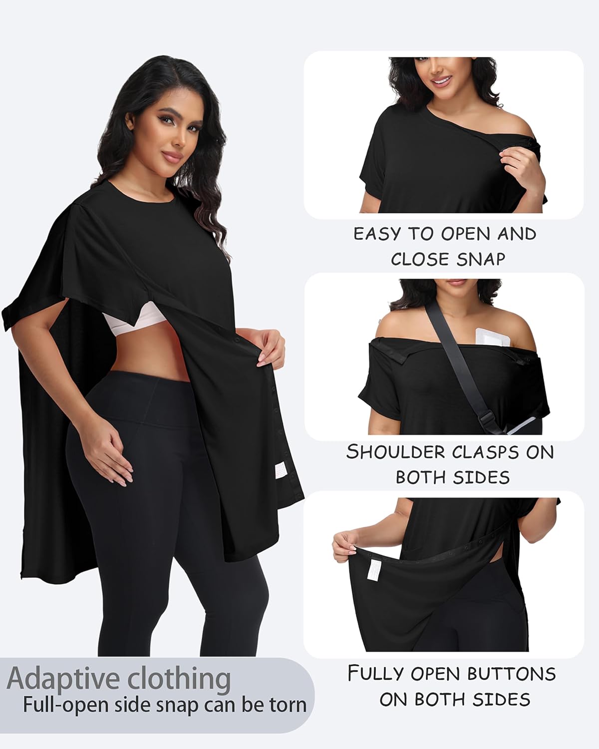 Women's Post Shoulder Surgery Hospital Gown Full Side Open Snaps Tear Away Adaptive Clothing Rotator Cuff Chemo Port Access