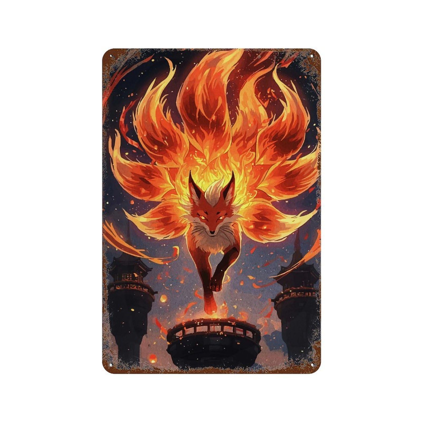 Decorative Tin Sign with Nine-tailed Fox Spirit Design 11.8"x7.9", for Basement, Hobby Room And Garage Decor, Farmhouse Wall Decor