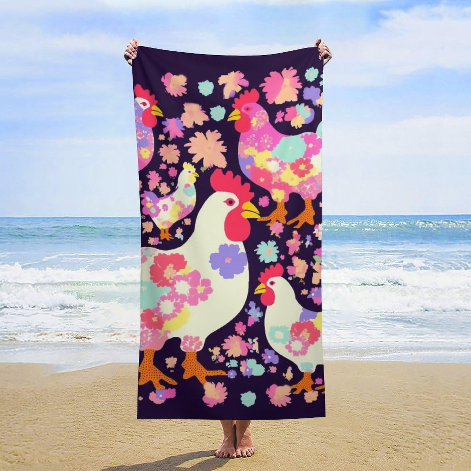 NTVOWPZO Flower Heart Chicken Beach Towel Oversized Microfiber Bath Towels Lightweight Sand Proof Beach Towels Absorbent Pool Towels for Swimming Yoga Bathroom Towel 31.5" X 63"