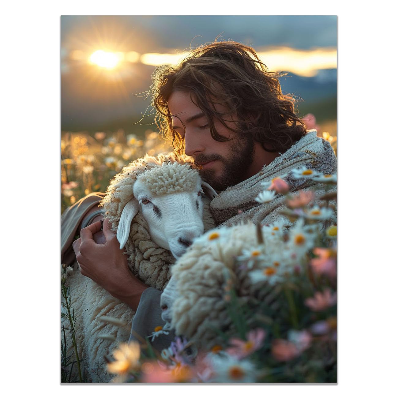 QUSAAOU Jesus Canvas Wall Art Jesus Embracing the Lamb Christian Religious Prints Painting for Bedroom Living Room Bedroom Hallway Home Decoration(orange)-80x120cm Unframed