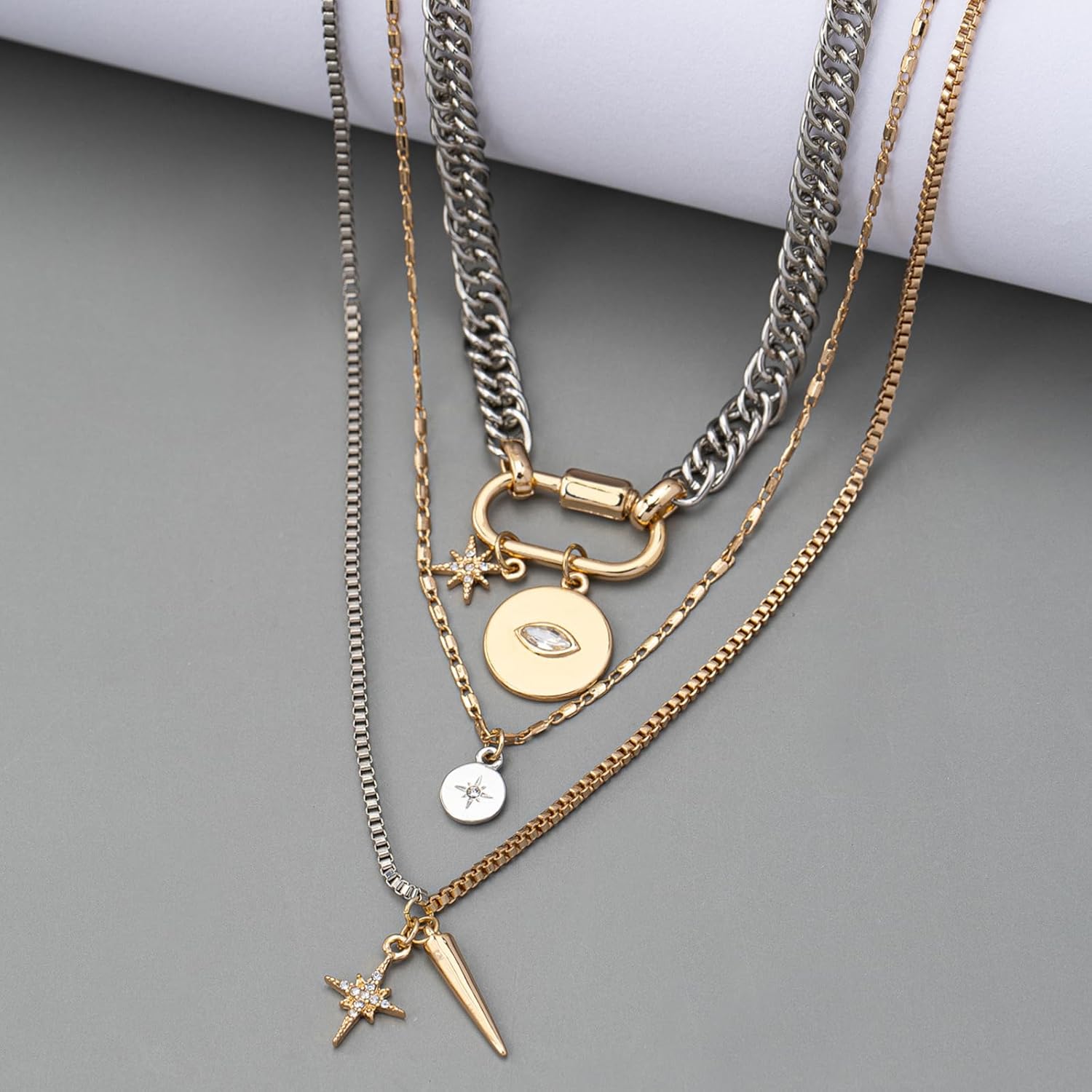 Layered Mixed Metal Necklace for Women Silver and Gold Two Tone Necklace Chunky Paperclip Coin Pendant Necklace Stack Trendy Statement Jewelry - Image 4