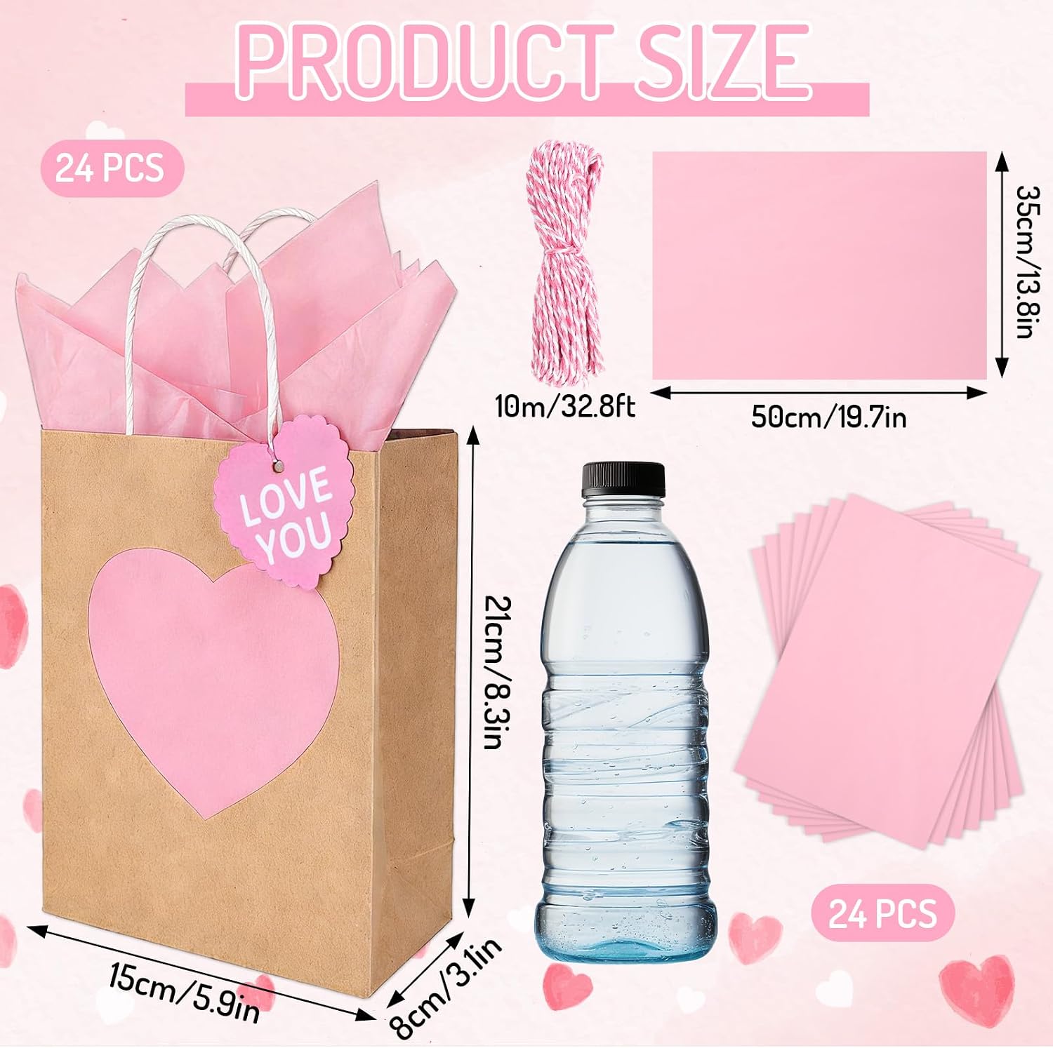 JarThenaAMCS 24 Pcs Valentine's Day Kraft Paper Gift Bags Pink Heart Party Favor Bags with Handles Tags and Tissue Paper for Wedding Anniversary Goodie Wrapping image 2