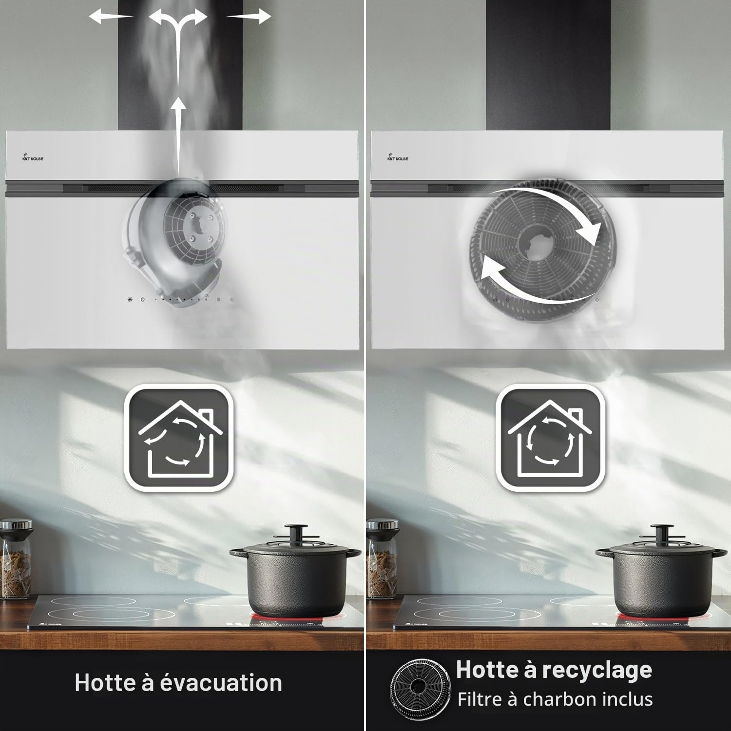 KKT KOLBE AURORA8005SW Hotte aspirante 80 cm 782 m³/h à recirculation d'air évacuée, hotte murale, verre noir et blanc, avec fonction de retardateur automatique, application Smart WiFi Wi-Fi