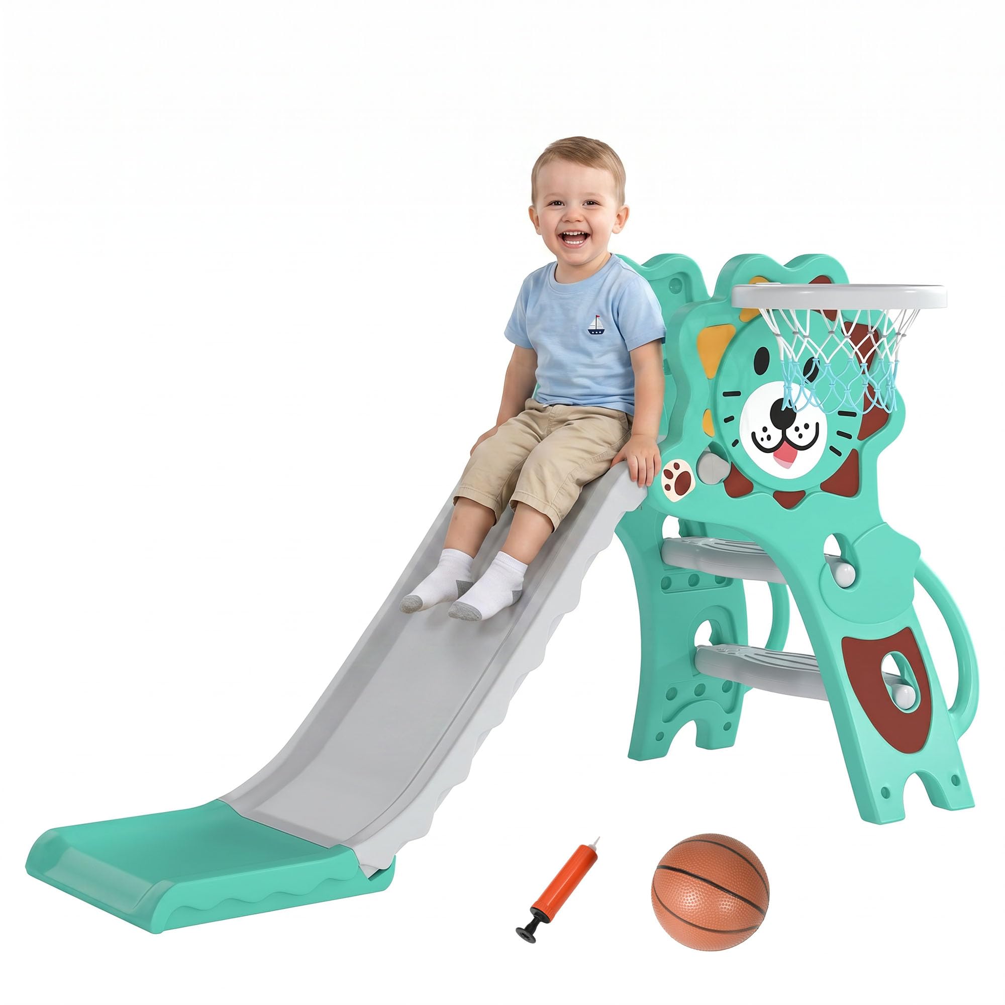 Aiyaplay Blue Kids Slide, 3 In 1 Freestanding Toddler Slide With Climber, Basketball Hoop, Basketball, Lion-Themed For Ages 18-36 Months
