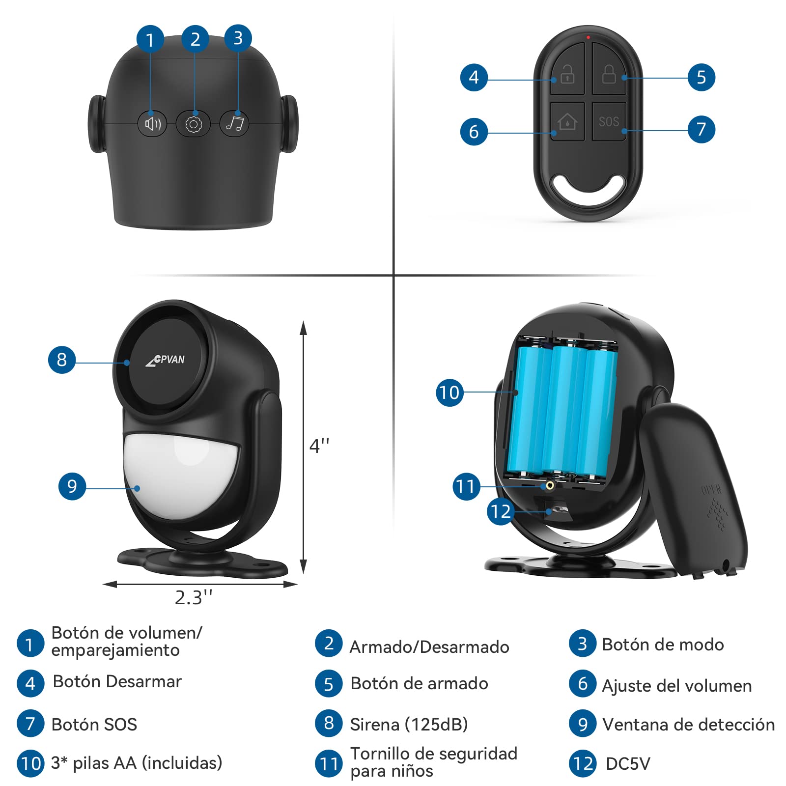 CPVAN Sensor de Movimiento, Sirena Alarma Casa para Puerta, Control Remoto Infrarrojo Sistema de Alarma Antirrobo -125dB -Accionado por Batería -Ideal para Interior de Tienda/Oficina/Casa, Negro