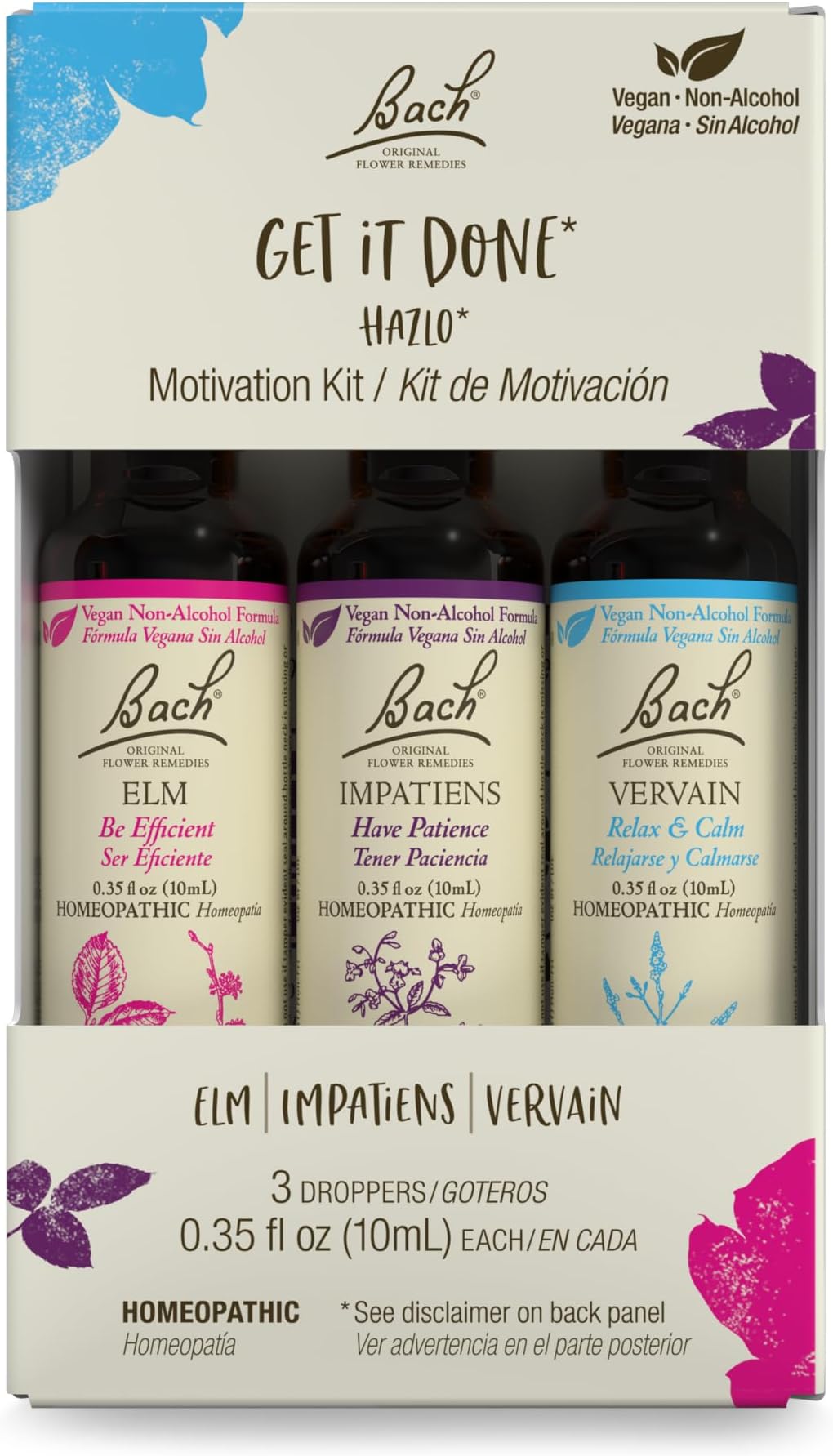 Bach Original Flower Remedies - GET IT DONE Trio Kit - For Motivation (Non-Alcohol Formula) - Natural Homeopathic Flower Essence - Vegan - 3 x 10mL Droppers
