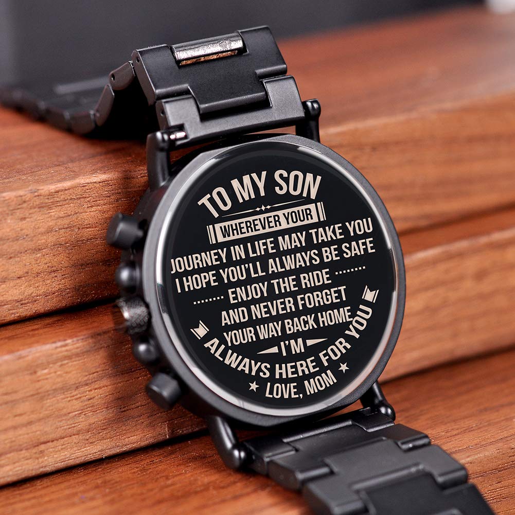 BOBO Bird Orologi da uomo personalizzati in legno inciso, elegante legno e acciaio inossidabile combinati al quarzo casual orologio da polso per uomini, famiglia, amici, orologio personalizzato, A-for