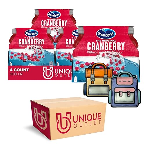 OceanSpray - Paquete de 24 botellas de plástico de 10 onzas líquidas de bebida de jugo original de arándanos + 2 bolsas de aperitivos de Unique