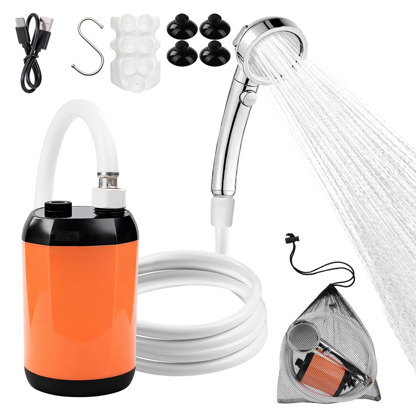 Ducha de Camping portátil con batería y Bomba, Pantalla inteligente bomba de agua autocebante ajustable de dos niveles con manguera de ducha y accesorios, 6000 mAh, valor Wh 22.2.