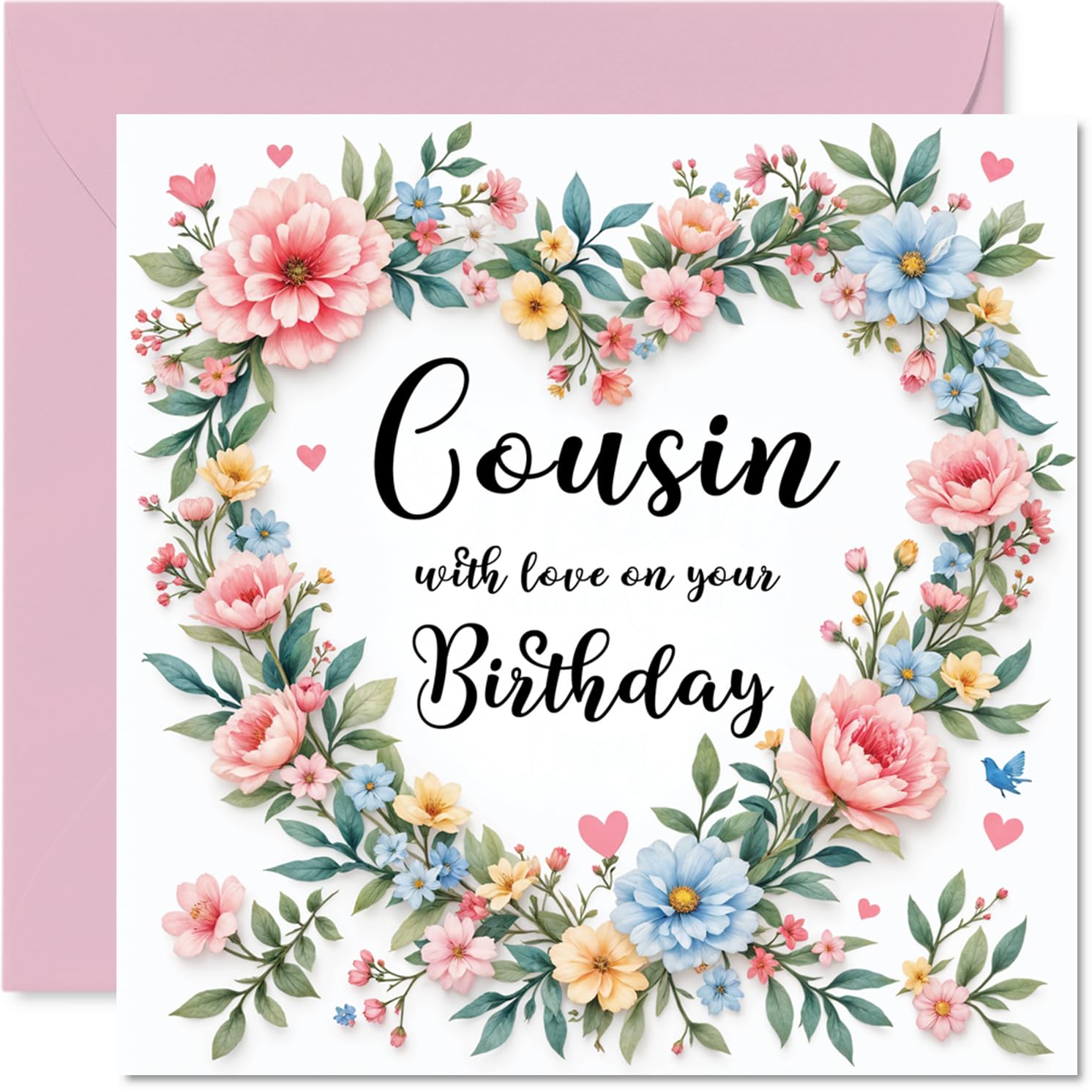Cousin Birthday Card, Flower Heart Wreath