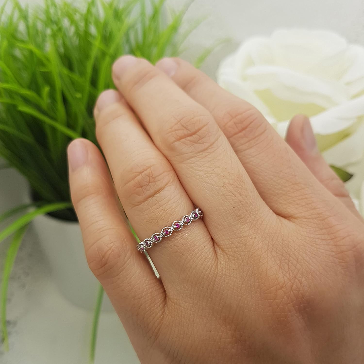 Dazzlingrock Collection Round Ruby 9 Stone Minimalist Stackable Wedding Ring for Women in 925 Sterling Silver
