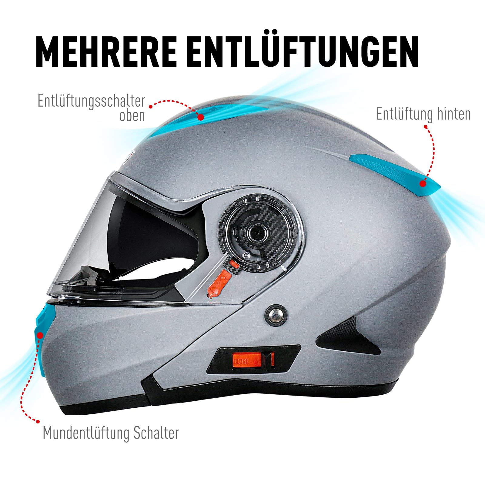 Helm Motorrad, Motorradhelm Zertifiziert nach ECE 22.06, Klapphelm Motorrad Herren, Schwarzer und Grauer Helm