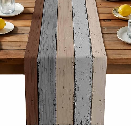 Miniatura 134 de Camino de mesa de algodón y lino estilo granja rústico retro, textura de madera de granero, color degradado marrón y gris, antideslizante,